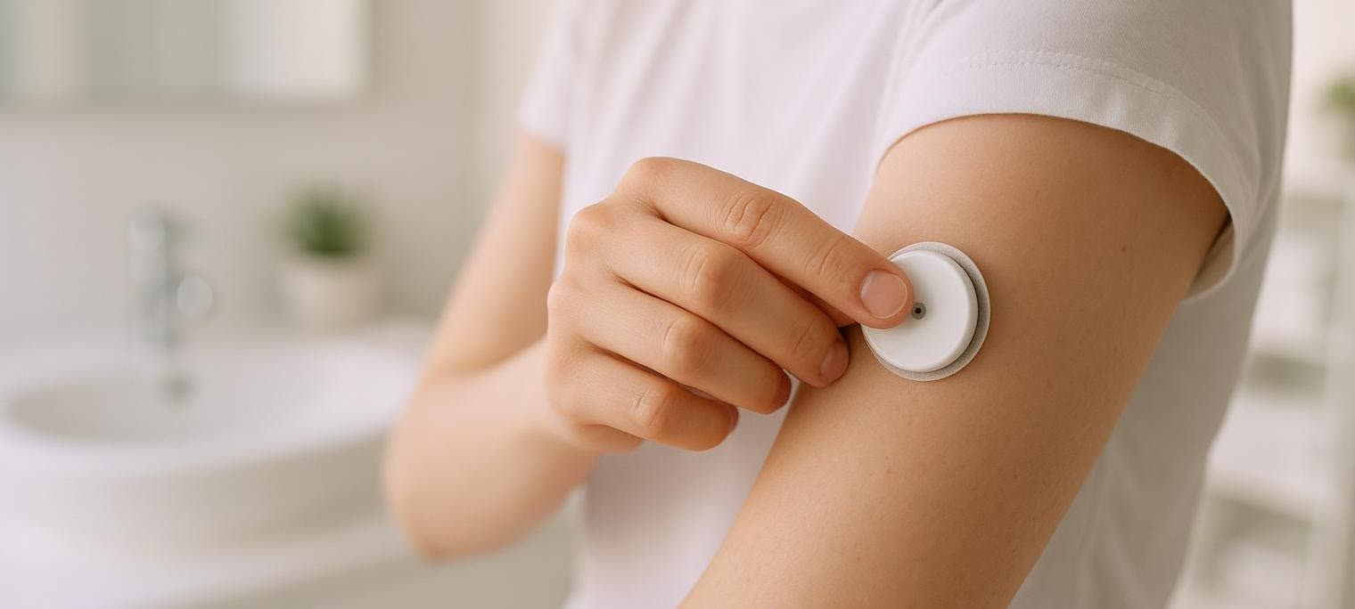 A close-up shot of a person in a white t-shirt applying a round, white Stelo continuous glucose biosensor to the back of their upper arm. Their fingers hold the edge of the device against their skin in a bright, clean bathroom setting.