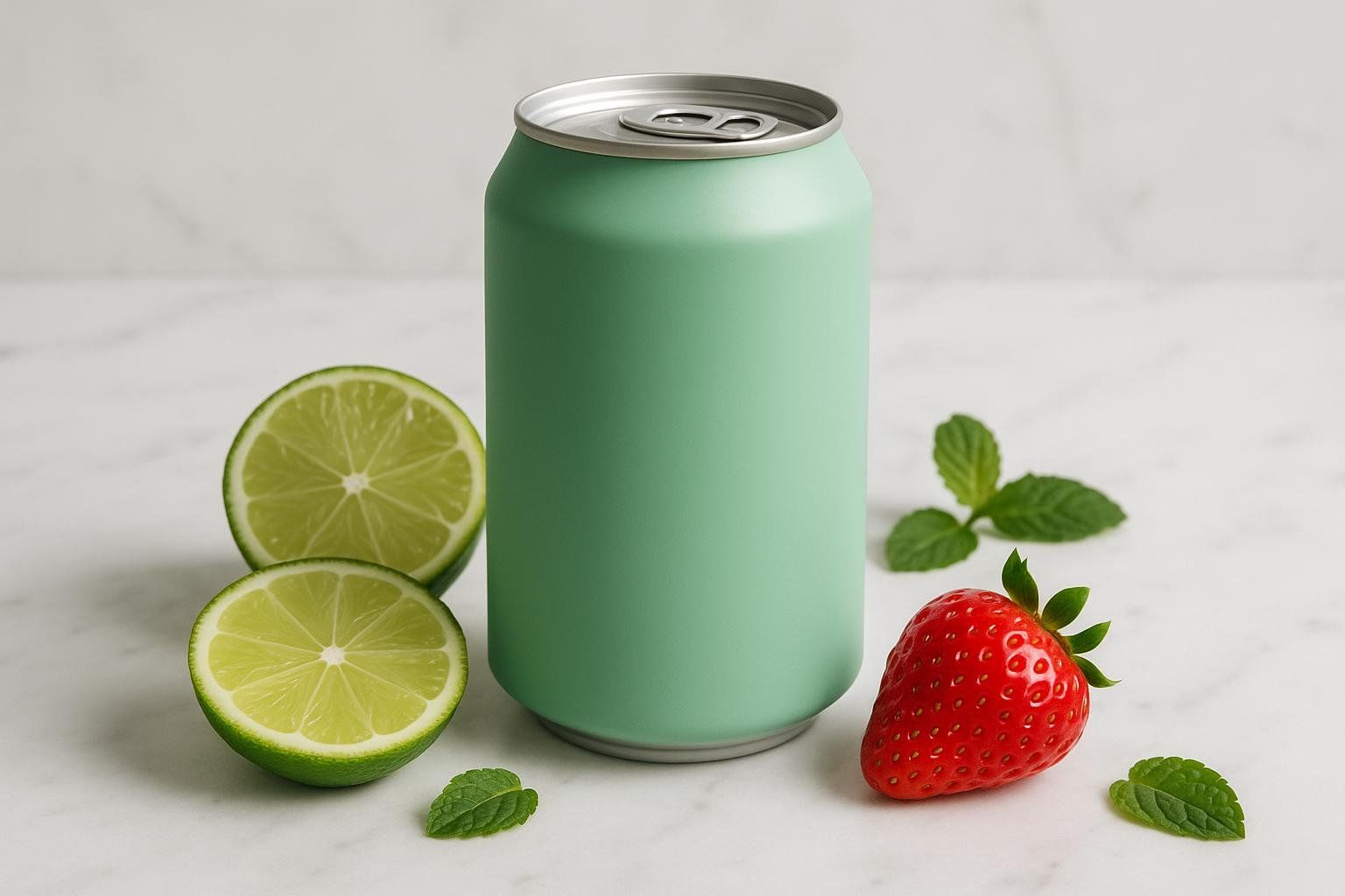 A pastel green soda can sits on a white marble surface, surrounded by two halves of a lime, a fresh strawberry, and several mint leaves. The scene evokes freshness and natural ingredients.