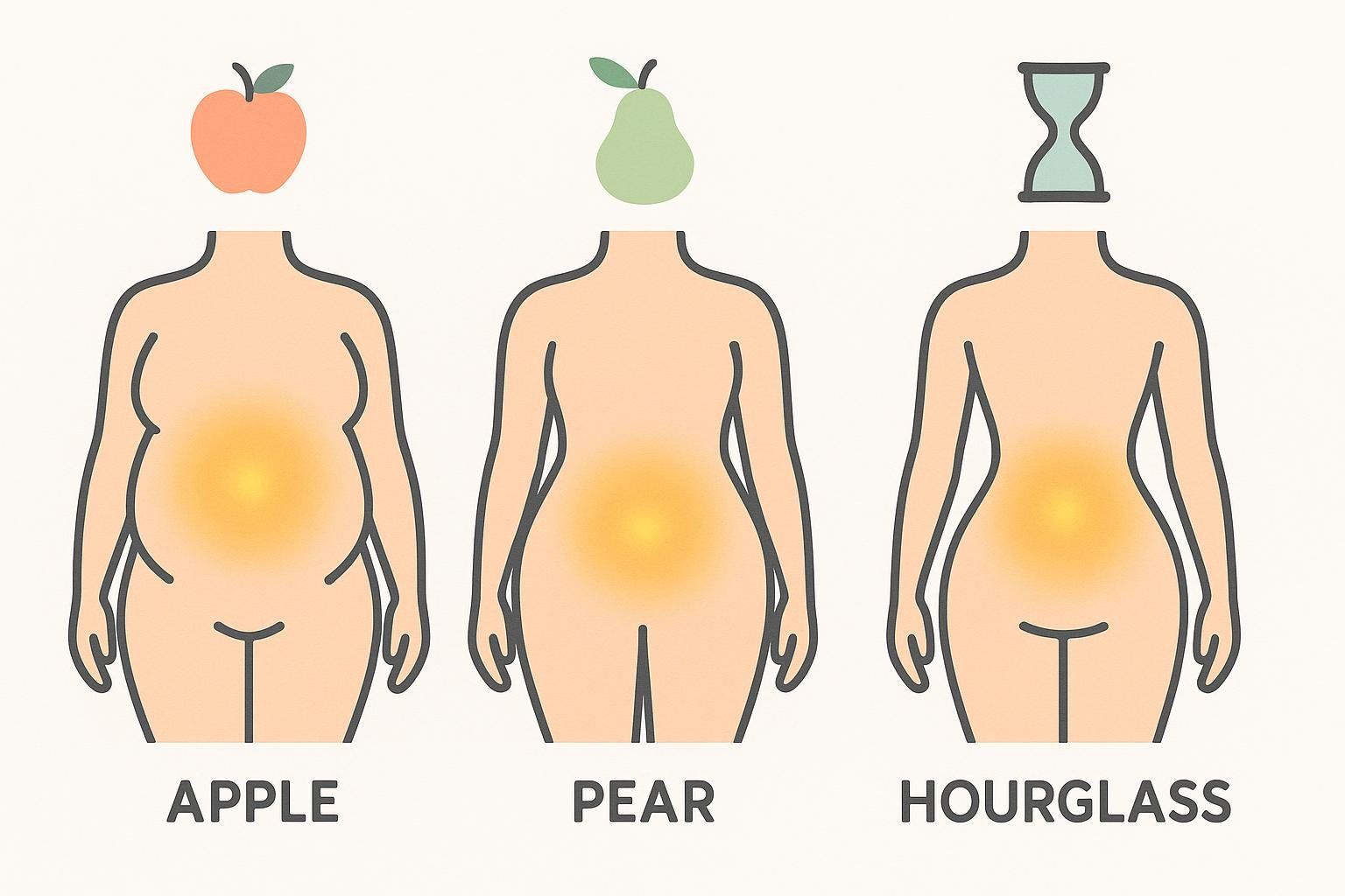 An illustration comparing the typical health hotspots for apple, pear, and hourglass body shapes. The 'apple' body shape has an area of glowing orange on the abdomen, the 'pear' body shape on the hips and thighs, and the 'hourglass' body shape on the abdomen and buttocks.