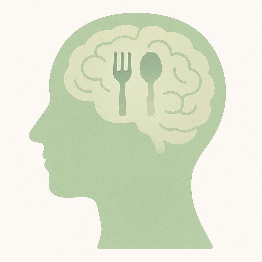 A green textured illustration of a human head in profile, with a lighter green brain visible inside. Within the brain, there is a prominent fork and spoon, symbolizing the connection between the brain and food.