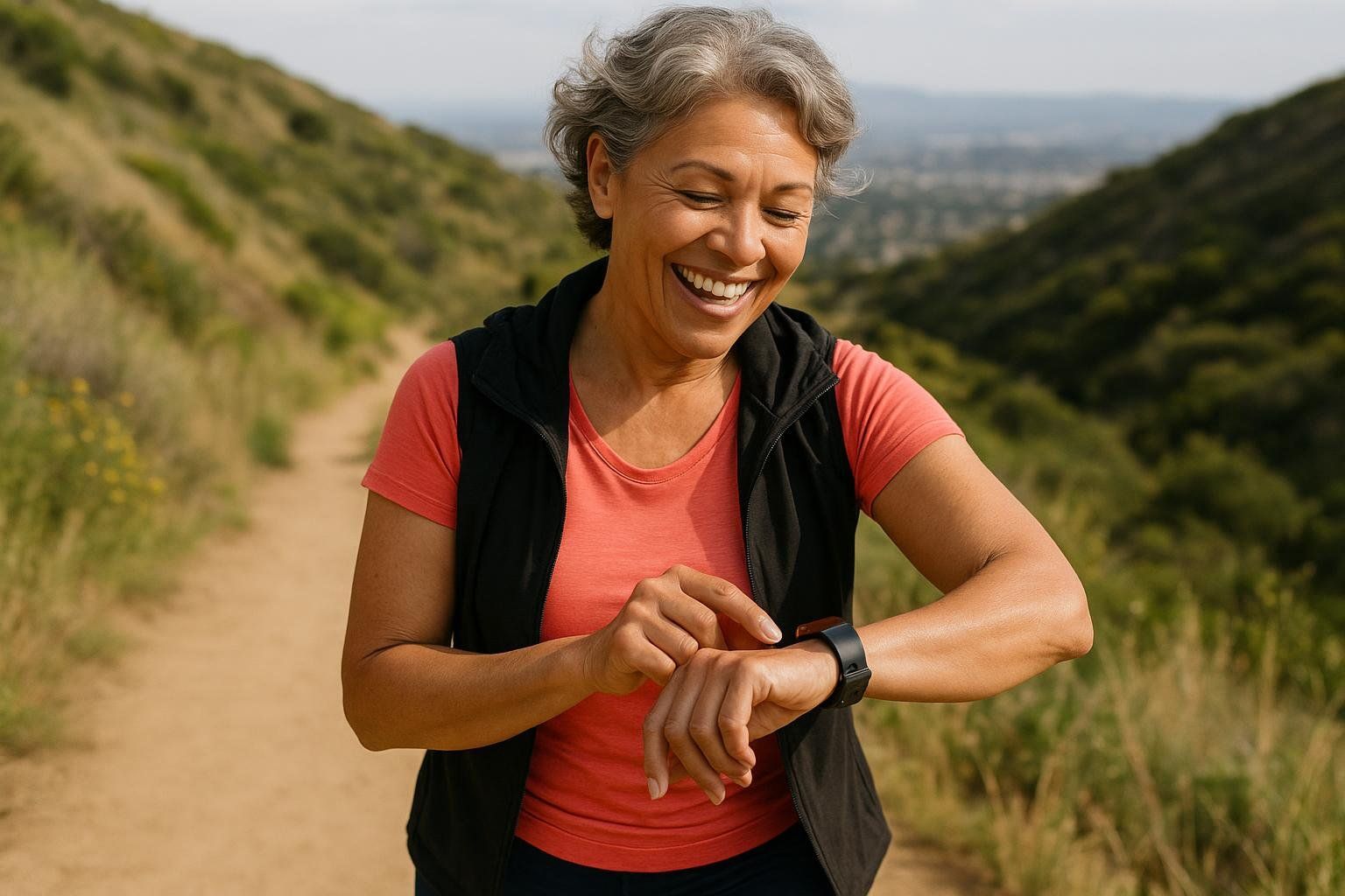 A smiling woman with gray hair in her 50s, wearing an orange shirt and black vest, hikes a dirt trail and checks her fitness wearable. Hills covered in green foliage are visible in the background.