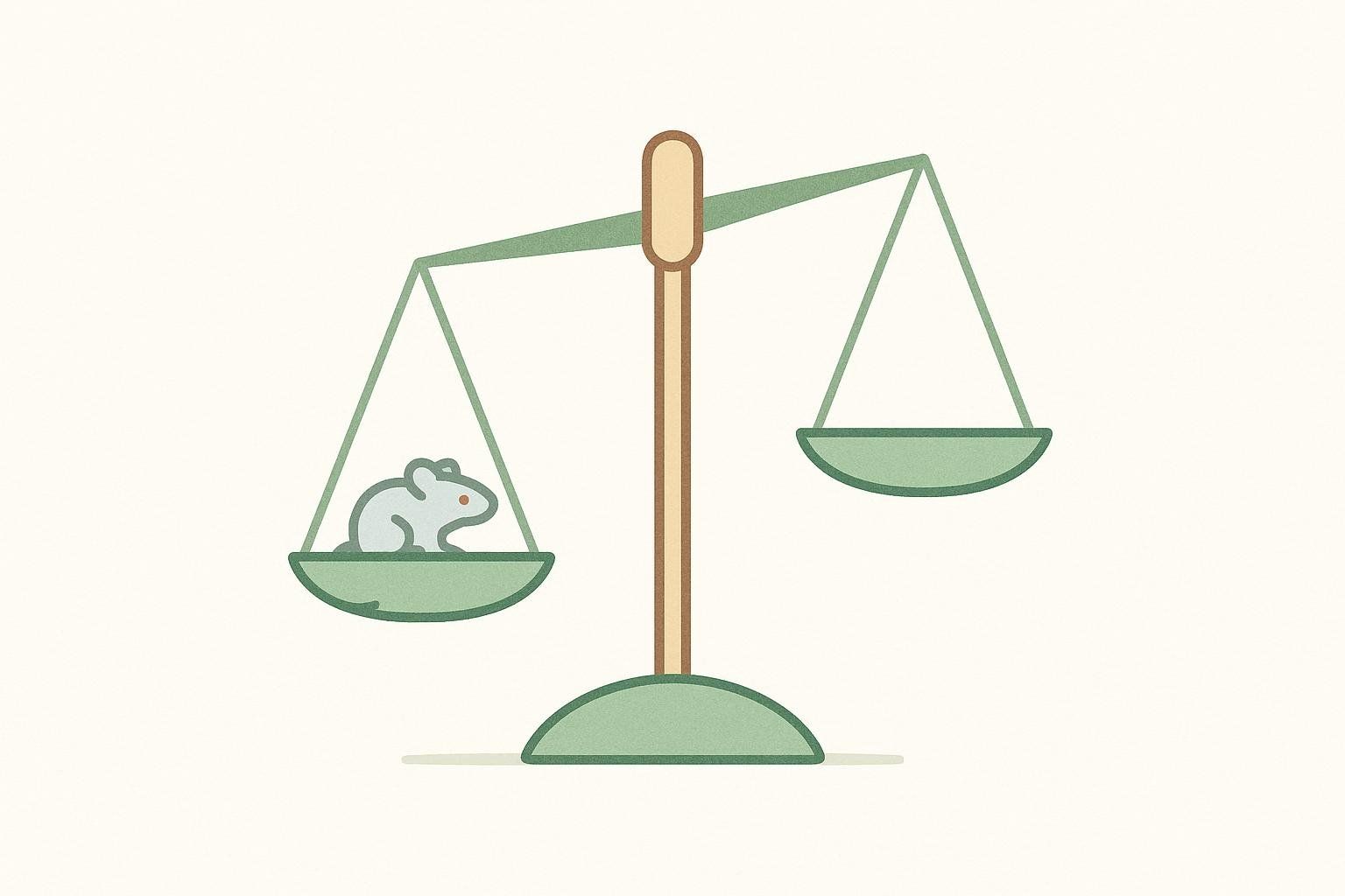 A scale heavily imbalanced, with an icon of a lab rat outweighing an empty space for human trials, showing the lack of human evidence for BPC-157.
