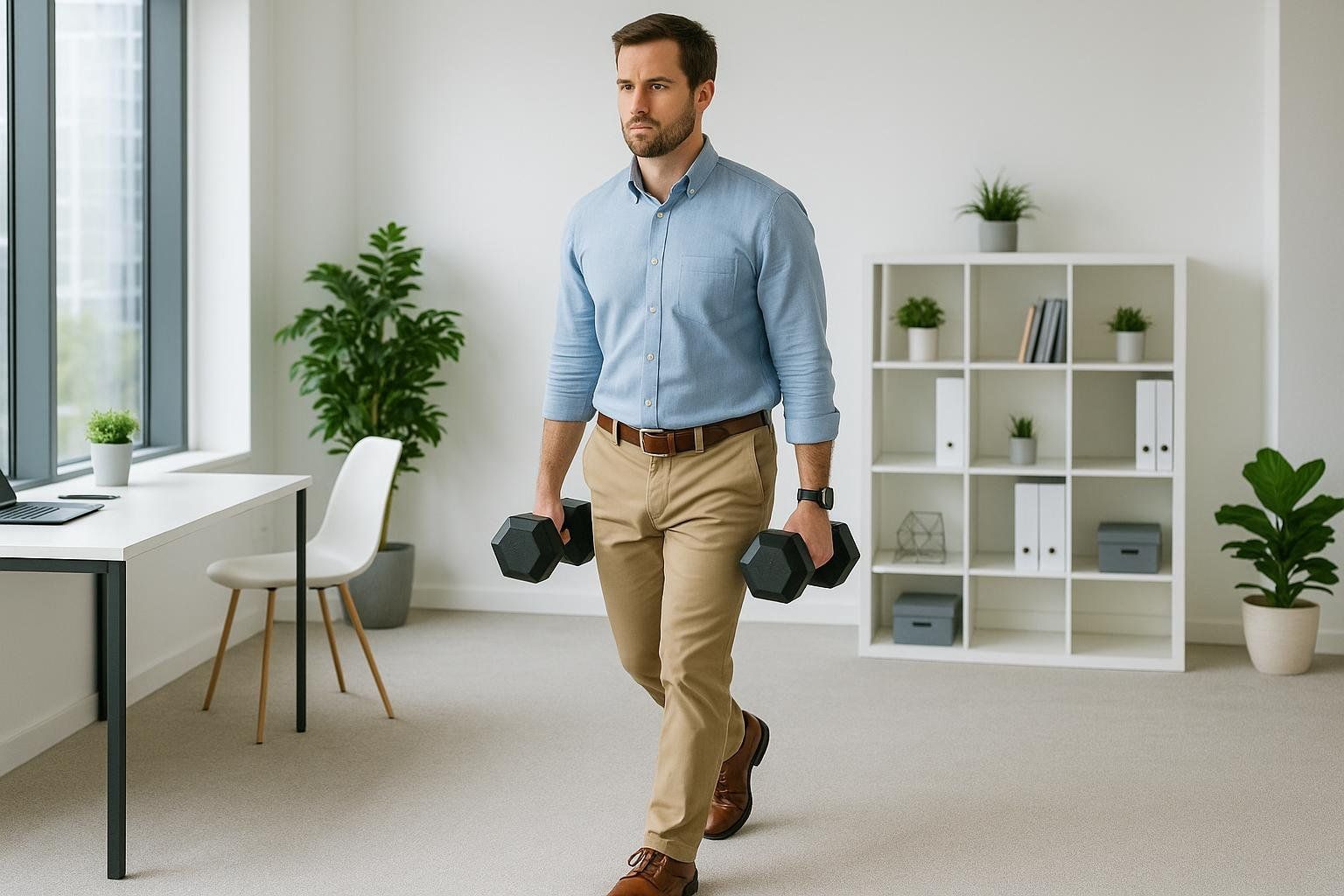 A man in office attire, including a light blue shirt and khaki pants, performs a farmer's carry with two black dumbbells in a modern office, incorporating exercise into his workspace.