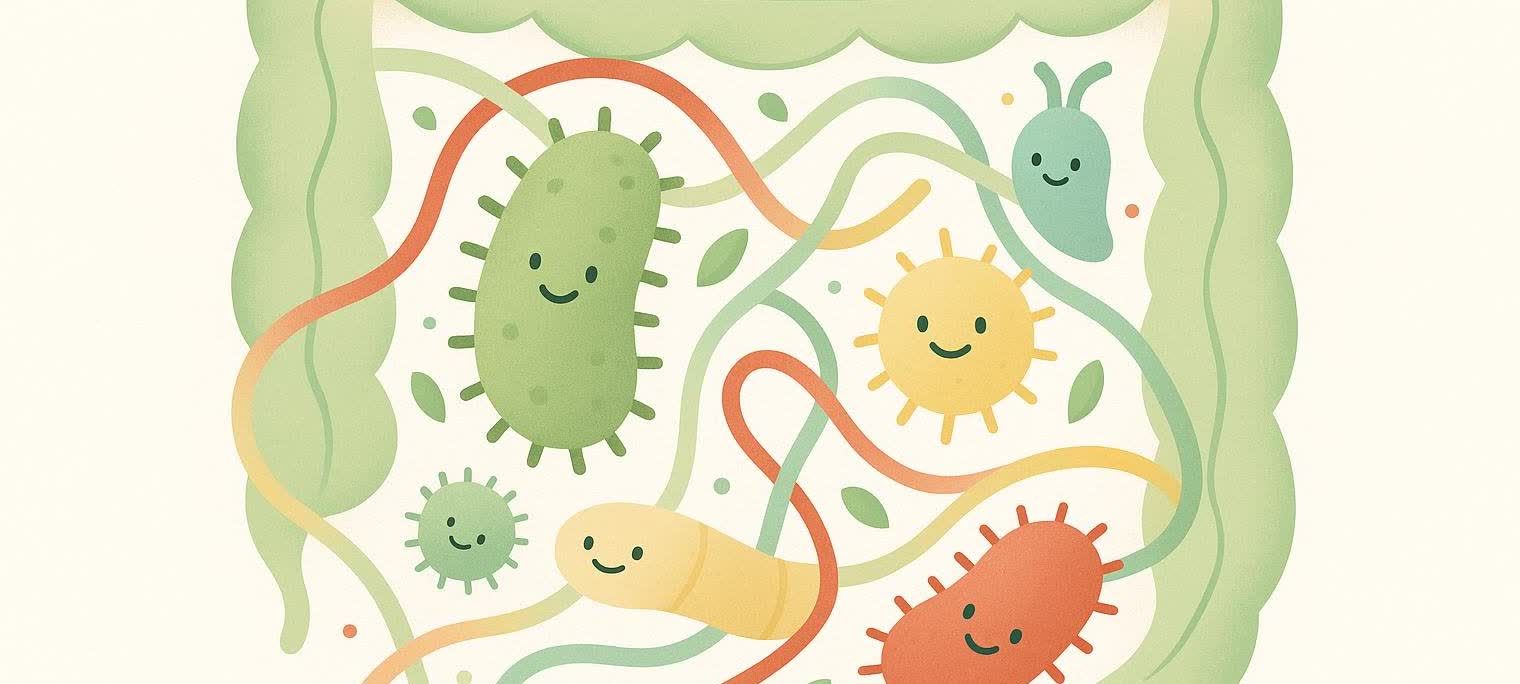 An abstract illustration depicting a healthy gut microbiome with various adorable, smiling microbe characters, along with intertwining lines representing prebiotic fibers, all contained within the outline of an intestine.