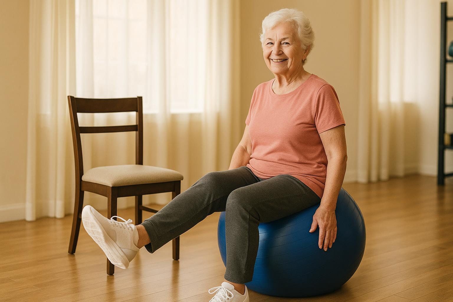 A smiling senior woman with white hair sits on a blue stability ball, extending one leg forward in a knee extension exercise. She is wearing a salmon-colored T-shirt, gray pants, and white sneakers, demonstrating a gentle exercise for older adults in a brightly lit room.