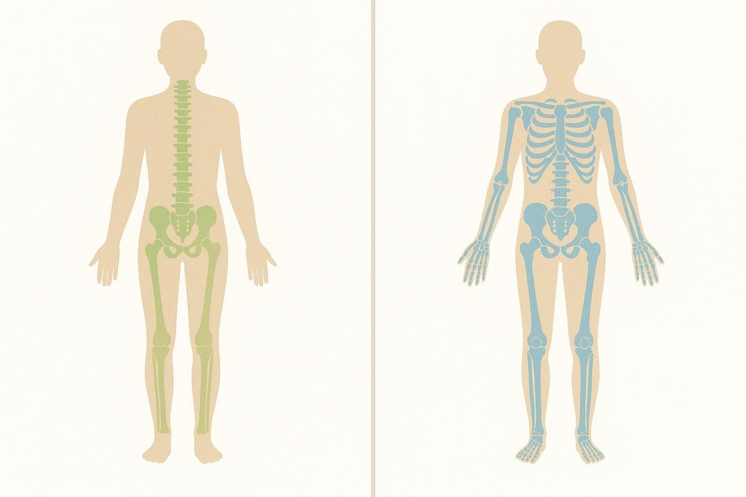 Split illustration of a human figure highlighting the axial skeleton in green and the appendicular skeleton in blue. This is used for CPT code selection.