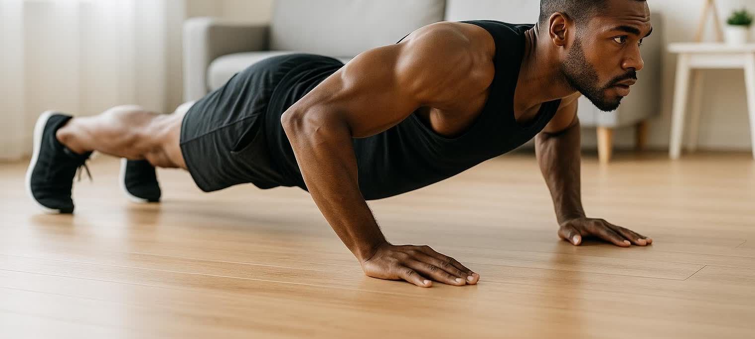 A fit Black man with a beard demonstrates perfect push-up form in a minimalist living room, showcasing a core tenet of calisthenics on a light brown wooden floor.