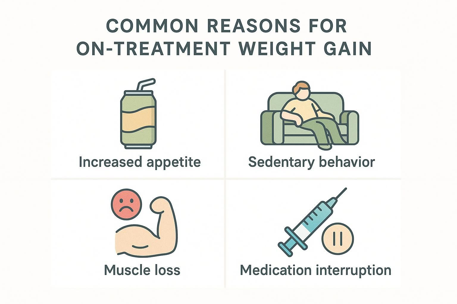 Infographic showing four causes of weight gain on semaglutide: liquid calories, low activity, muscle loss, and paused dosing.