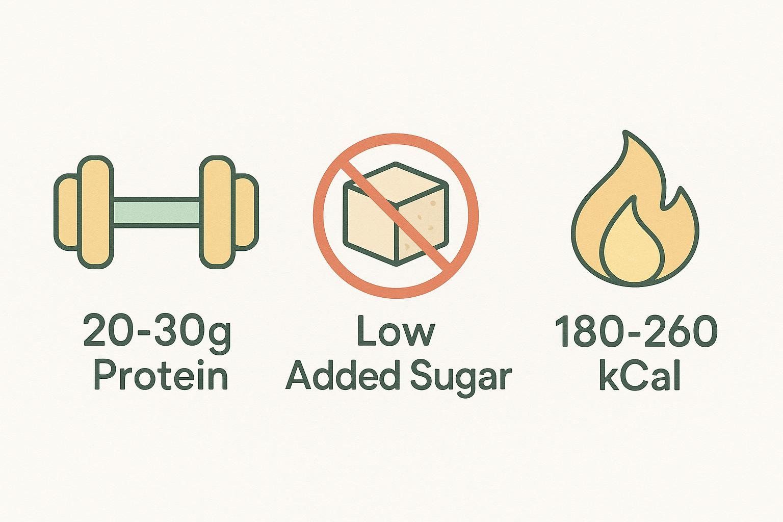 Infographic showing the ideal stats for a recovery protein bar: 20-30g protein, low added sugar, and 180-260 calories.