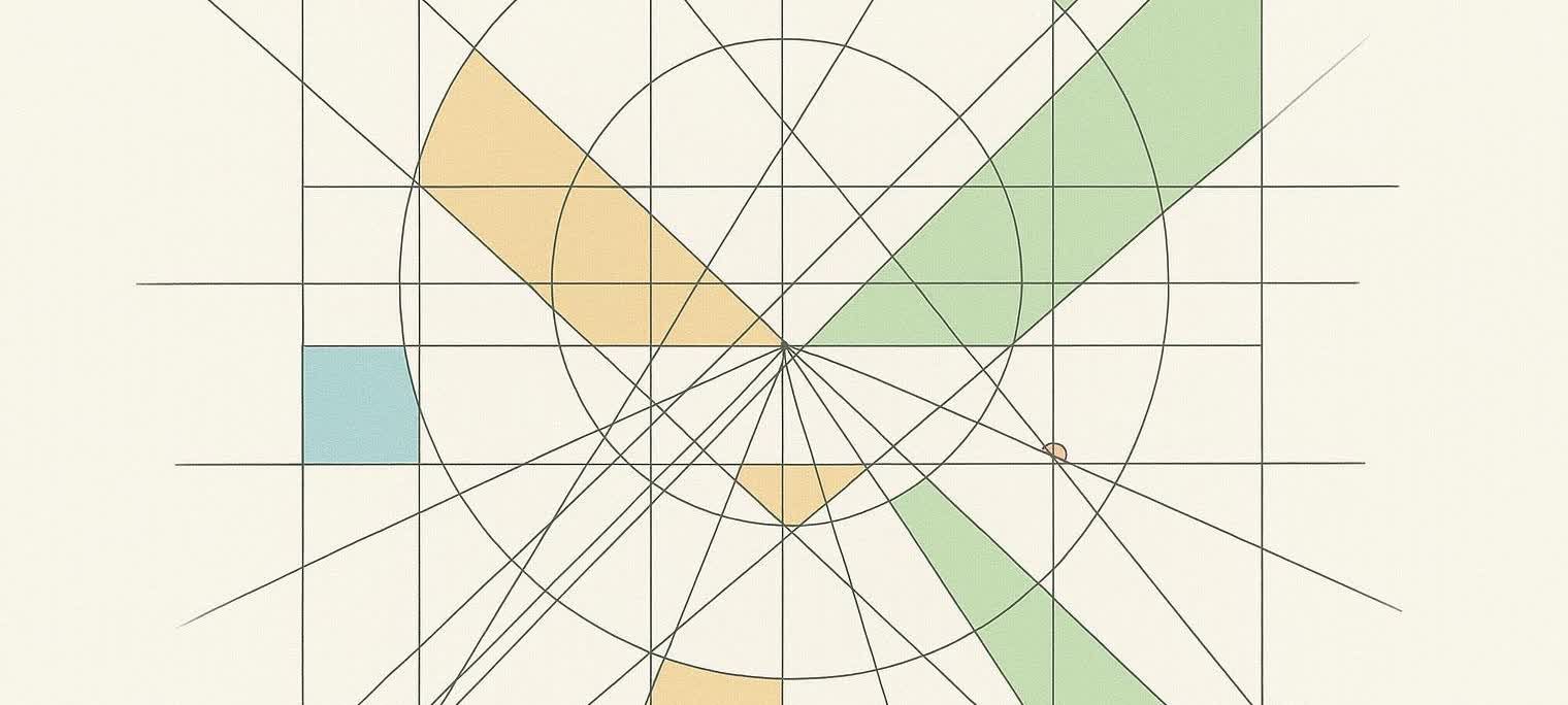 An abstract geometric pattern featuring black lines intersecting, forming a grid and radiating outwards from a central point. Arcs of a circle are also present. Areas are filled with light blue, orange, and green shapes.