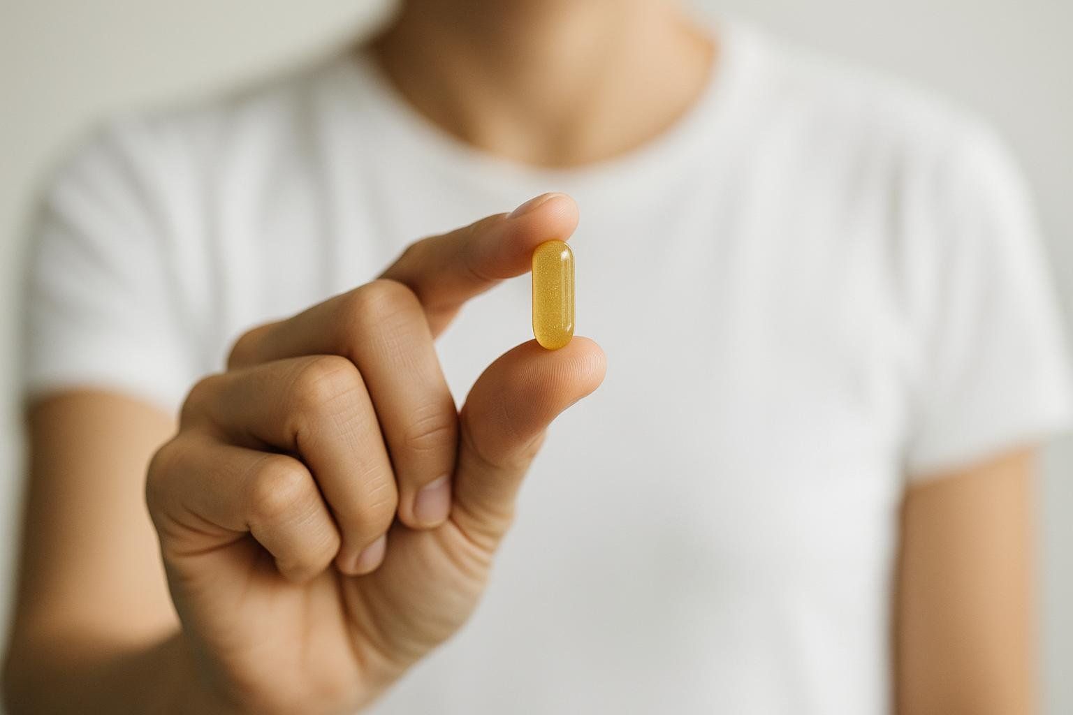 A person's hand holding a single supplement capsule, representing a standard daily dose.