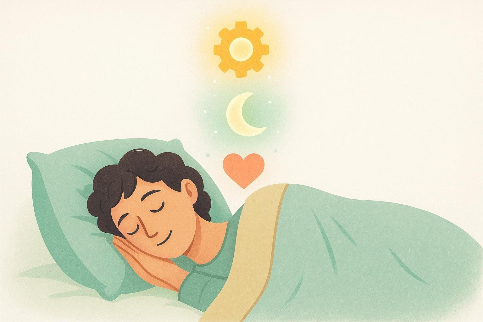 An illustration of a person sleeping soundly on a bed with a pillow and blanket. Above their head are icons representing benefits of sleep: a glowing gear for bodily repair, a crescent moon for rest, and a heart for emotional or physical well-being.