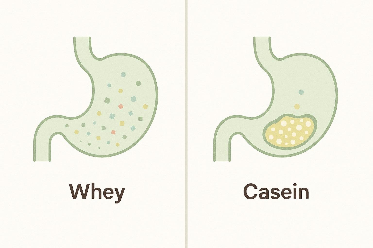 Illustration comparing the digestion of whey and casein proteins in the stomach. On the left, dispersed colorful particles within a stomach outline represent whey digesting quickly. On the right, a yellowish, clumpy gel within a stomach outline represents casein forming a gel for slow digestion.