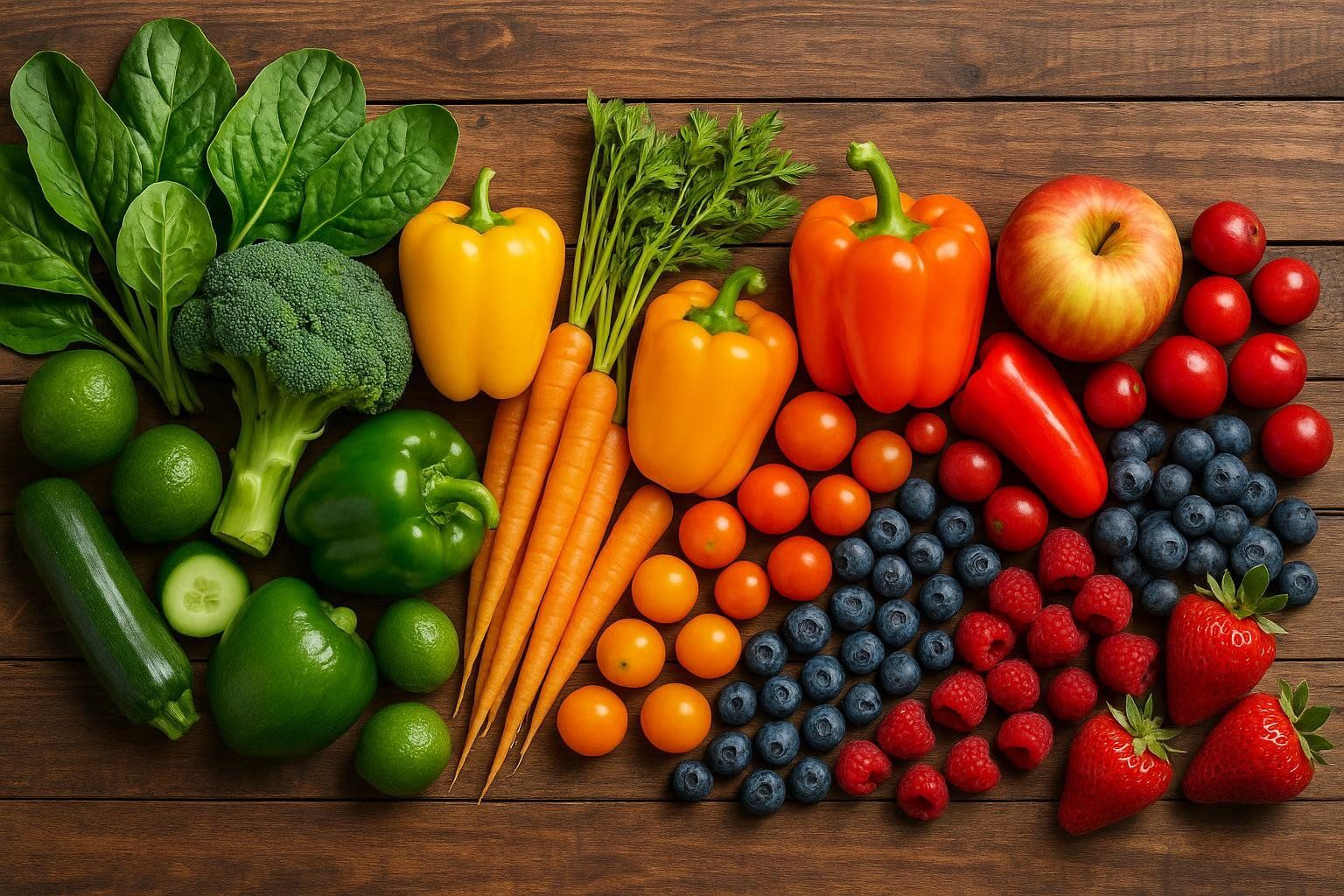 A vibrant assortment of fresh fruits and vegetables artfully arranged on a dark wooden surface, showcasing various colors and textures for a healthy diet.