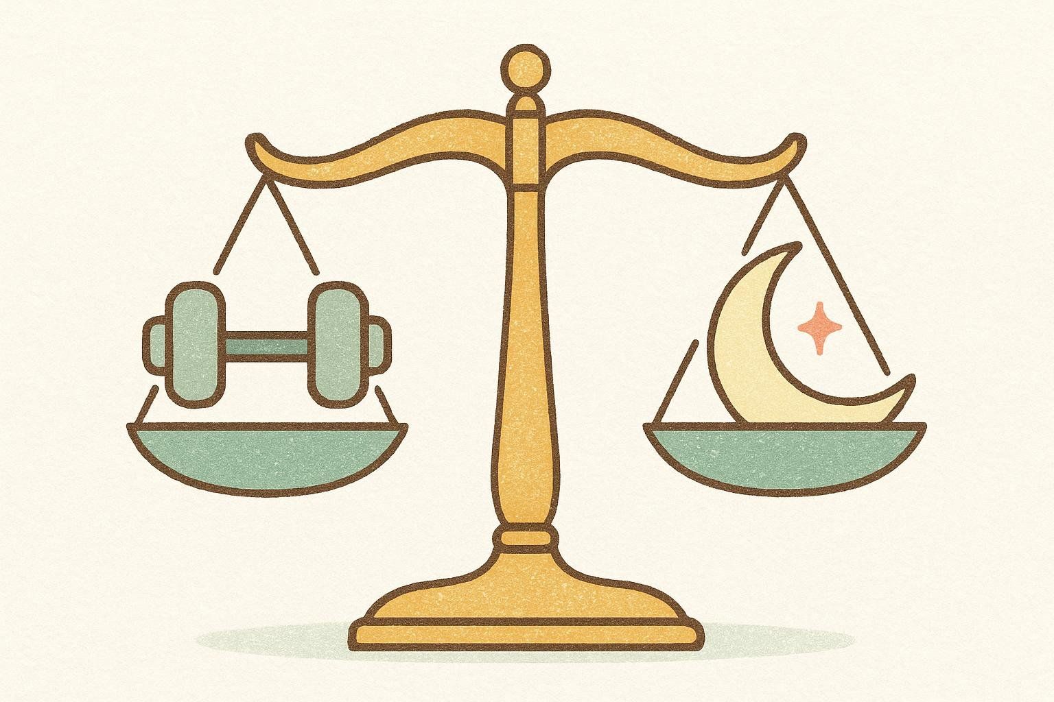 An illustration of a golden scale in balance, with a green dumbbell on the left pan and a yellow crescent moon with a pink star on the right pan, symbolizing the equal importance of training and rest.
