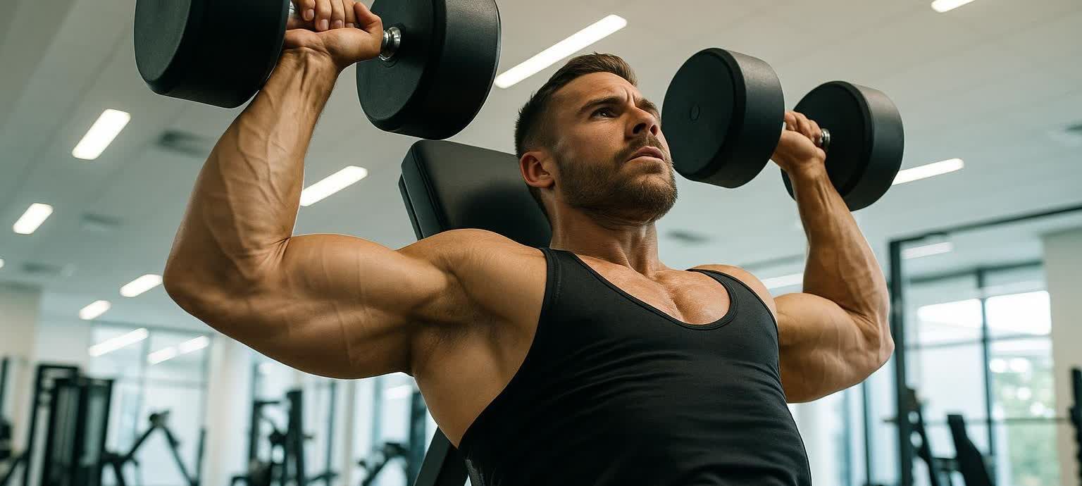 A fit man with prominent chest and arm muscles is performing an incline dumbbell press in a gym. He is wearing a black tank top and has a focused expression while looking upwards, holding two heavy dumbbells above his chest.