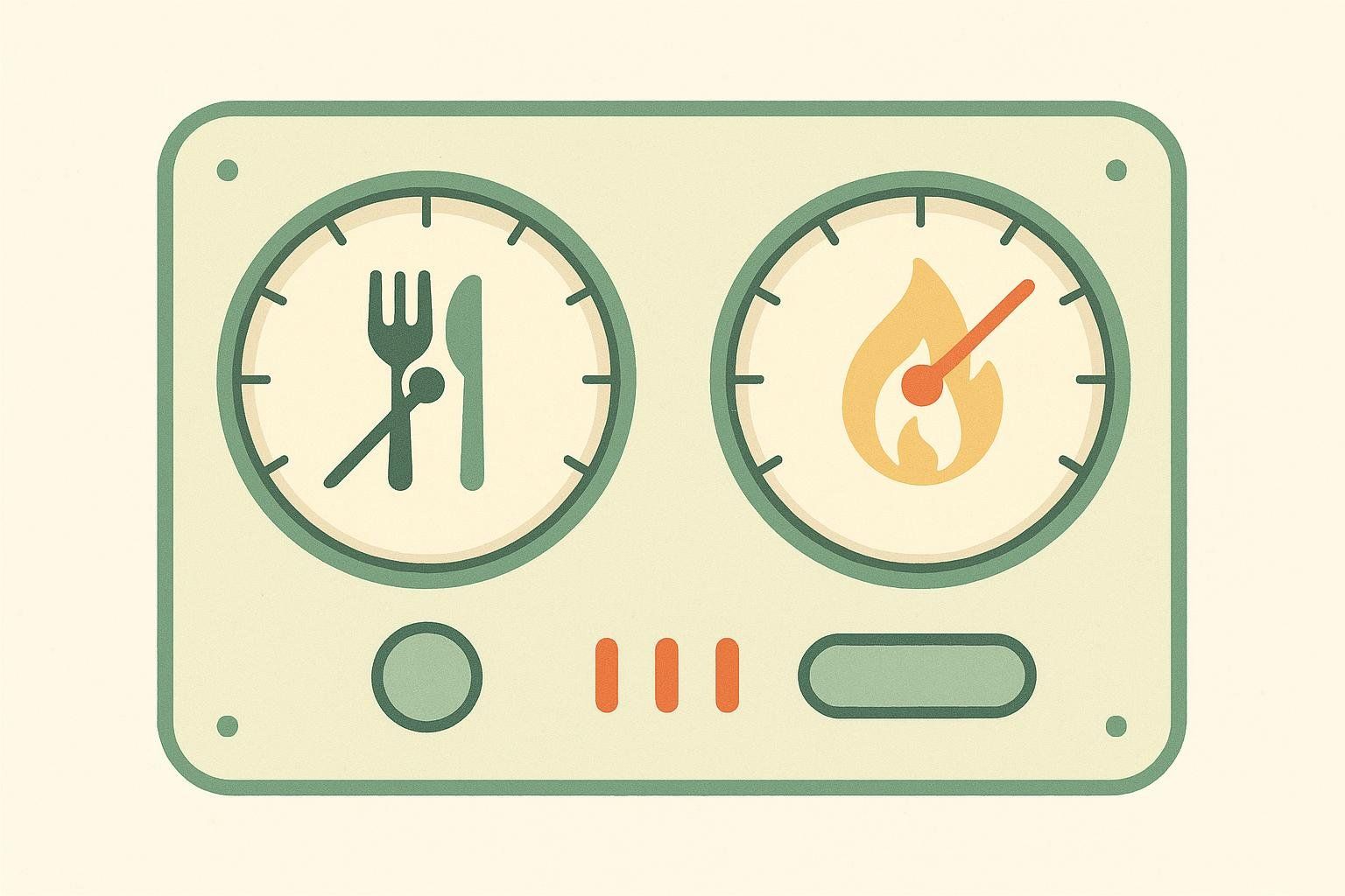 Illustration of two dials, one with cutlery (knife, fork, spoon) set as the pointer indicating 'down', and the other with a flame icon as the pointer indicating 'up'. This represents survodutide's dual mechanism, likely related to appetite suppression and metabolism increase.