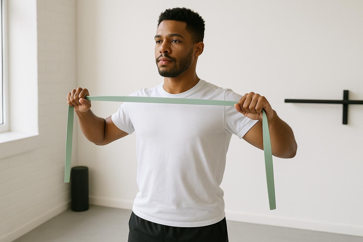 A man in a white t-shirt and black shorts performing a resistance band pull-apart to warm up his upper back muscles.