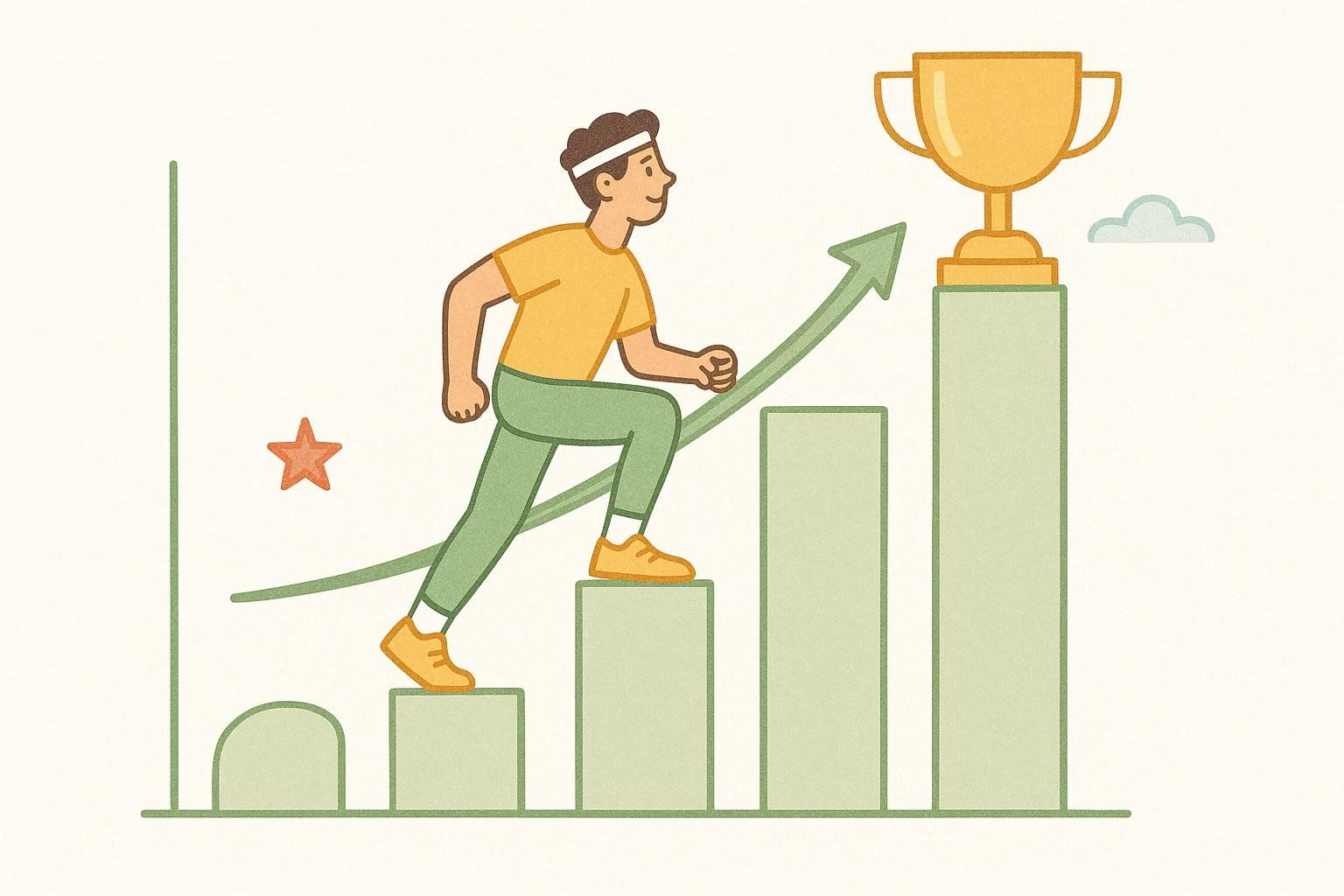 A stylized illustration of a person running up a bar graph towards a golden trophy at the top, representing progress towards a goal.