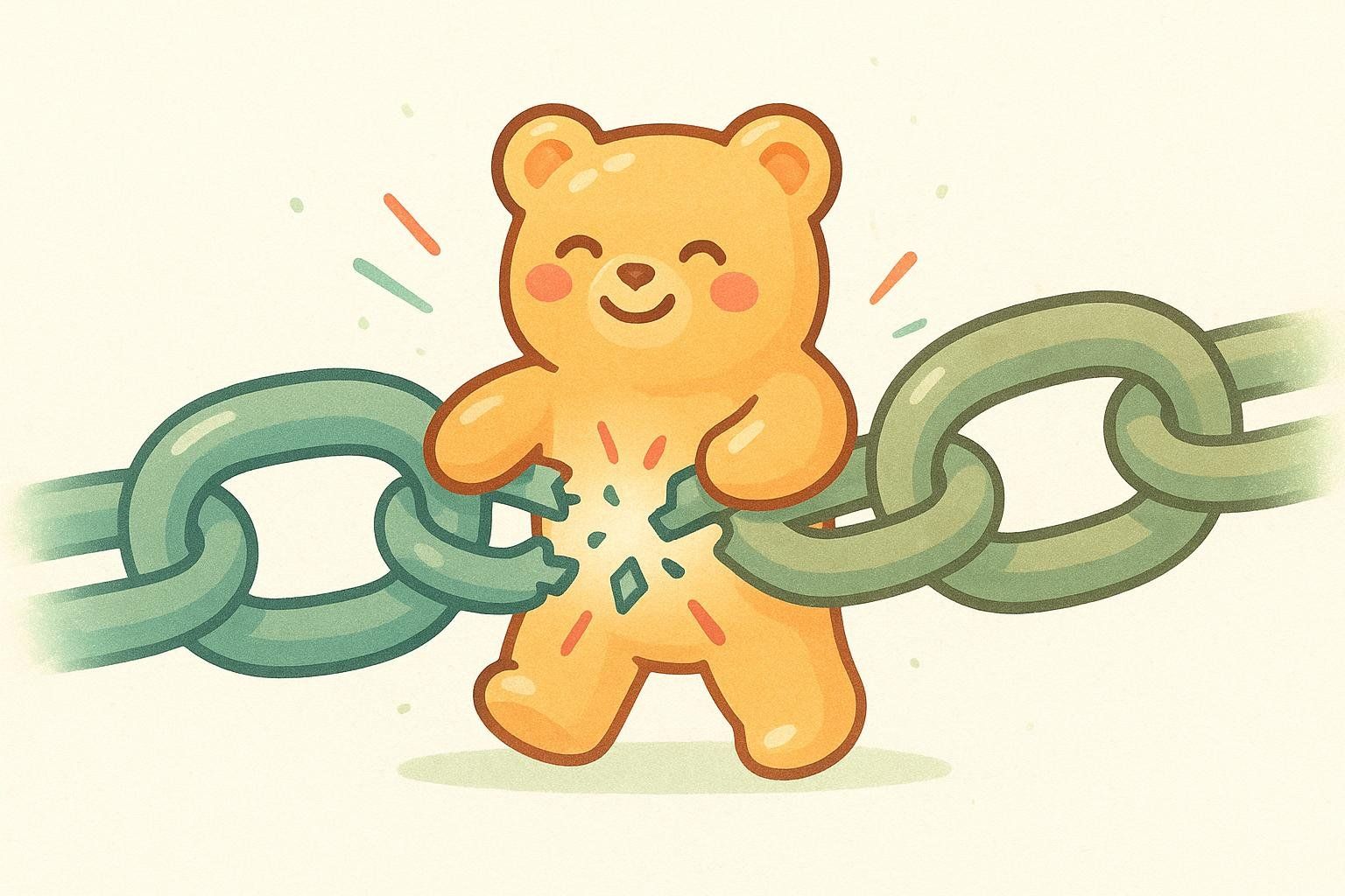 Illustration of a gummy bear breaking a chain link, symbolizing that keto gummies break an intermittent fast.