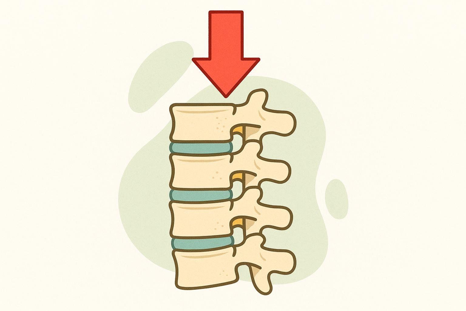 Abstract illustration of a spine with a large red arrow pointing downwards, indicating compression and a downward force on the spinal column.