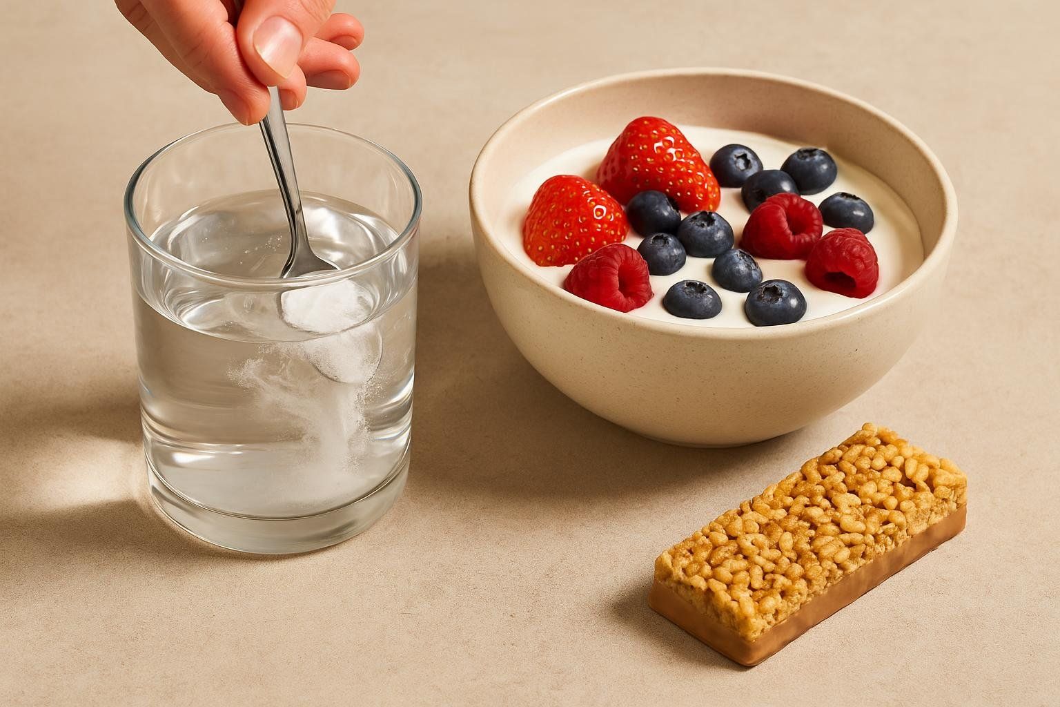 A hand stirs white powder (creatine) into a glass of water. Beside it, a bowl of yogurt with strawberries, blueberries, and raspberries, and a cereal bar are displayed, representing a meal with carbohydrates and protein to assist creatine absorption.