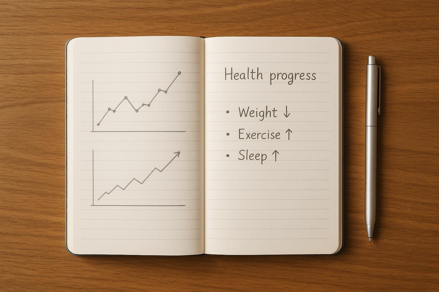 A journal with hand-drawn charts and a pen, illustrating the importance of tracking health data and progress.