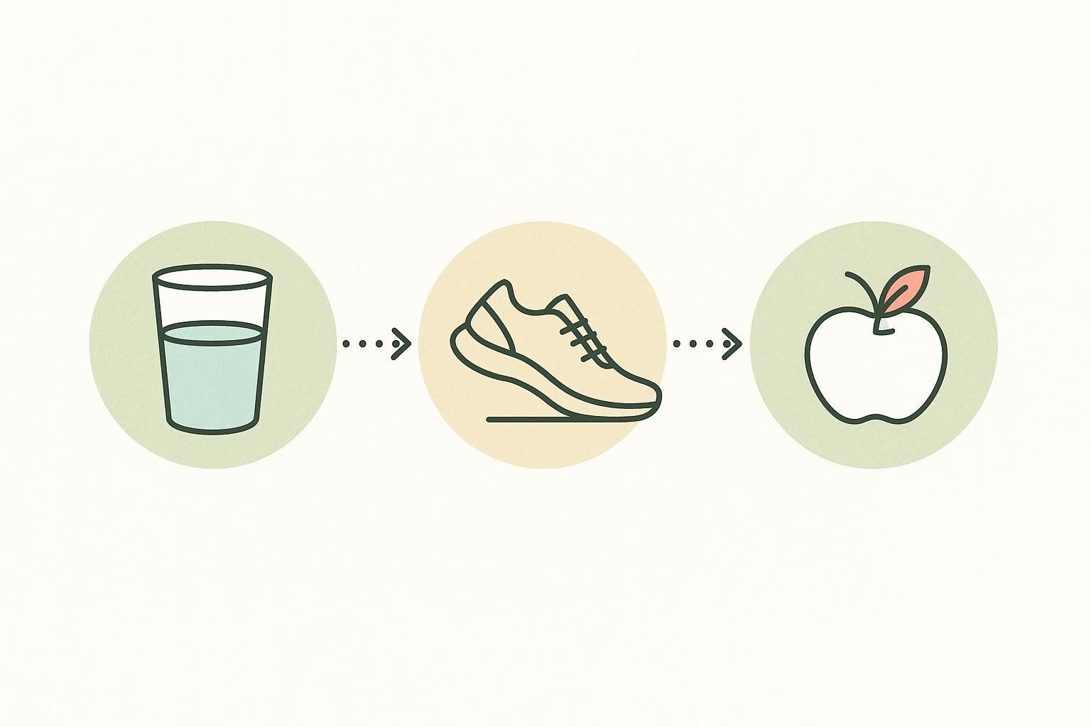 An illustration showing three sequential icons: a glass of water, a running shoe, and an apple. They are connected by dotted arrows, symbolizing the progression or routine of healthy habits like hydration, exercise, and healthy eating.