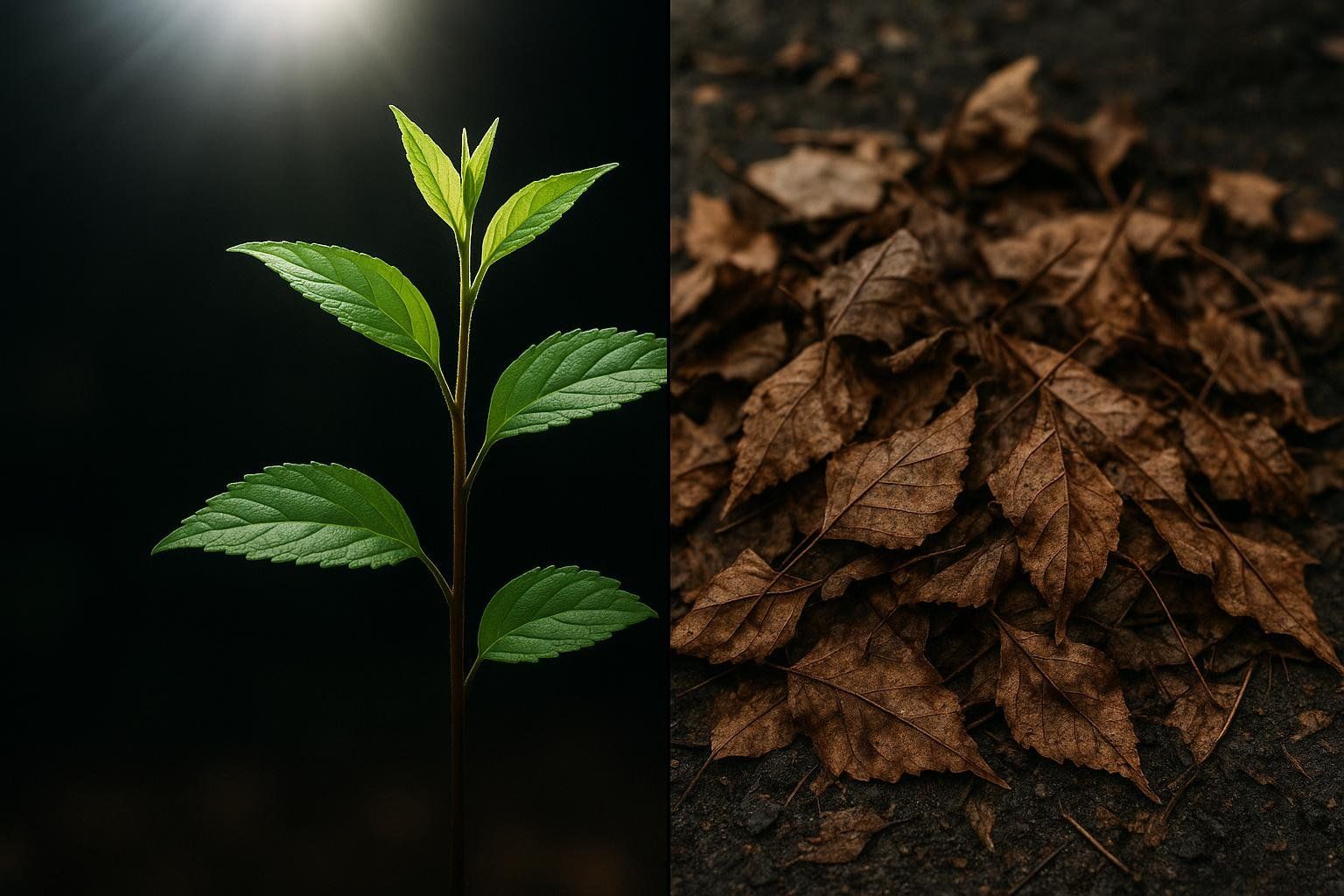 A split image. On the left, a vibrant green plant sprout thrives against a dark background with a bright light from above, representing anabolism. On the right, a pile of dry, brown decaying leaves lies on dark soil, illustrating catabolism, together forming a metaphor for metabolism.