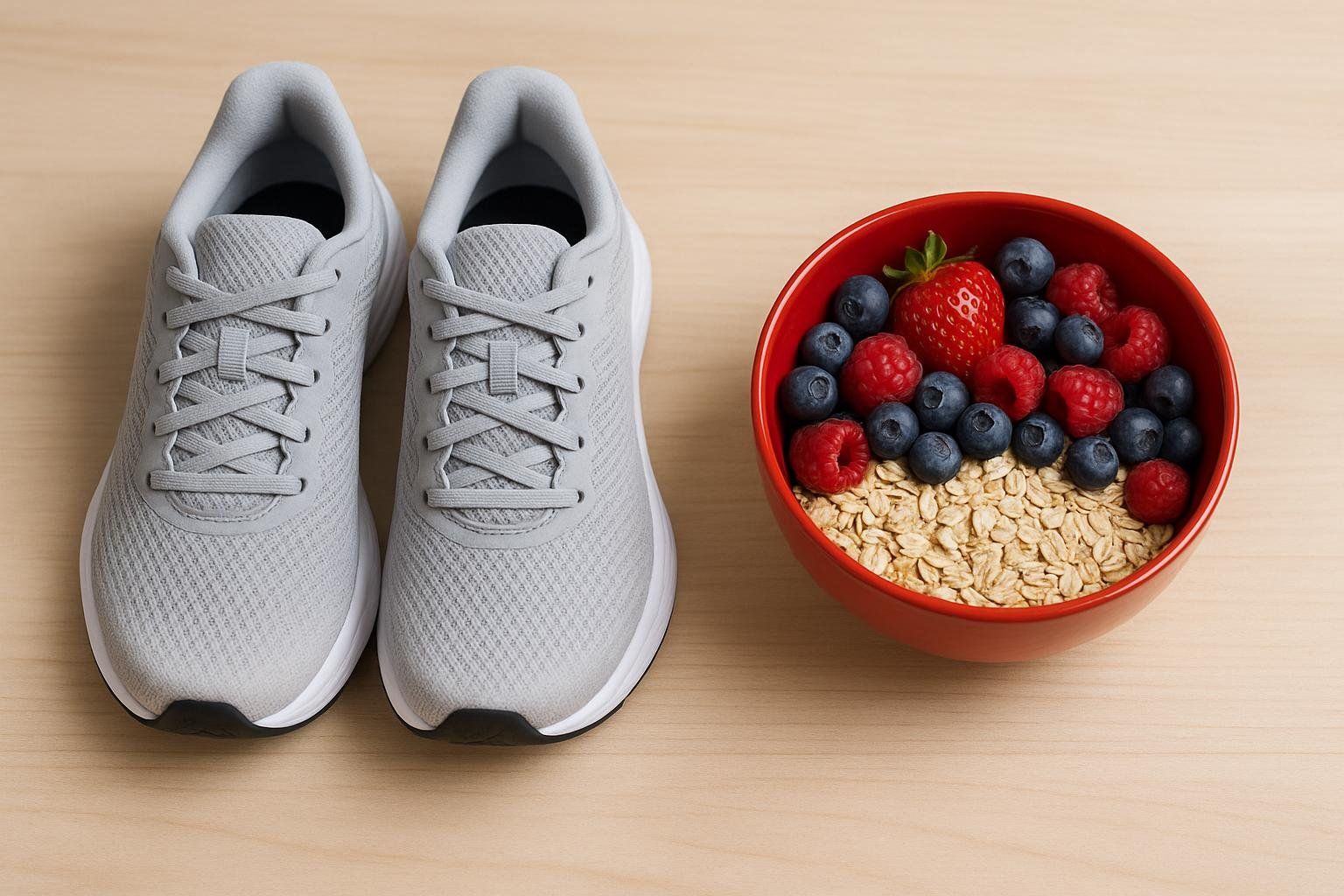 A pair of grey running shoes beside a red bowl filled with dry oatmeal, blueberries, raspberries, and a strawberry, on a light wooden surface. This image represents a healthy lifestyle with exercise and nutritious food.