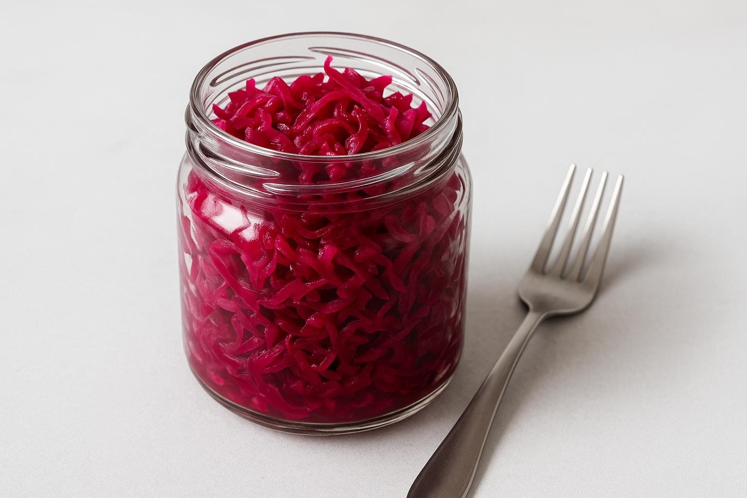 An open glass jar filled with vibrant red cabbage sauerkraut, next to a silver fork on a light grey surface. The sauerkraut appears juicy and finely shredded.
