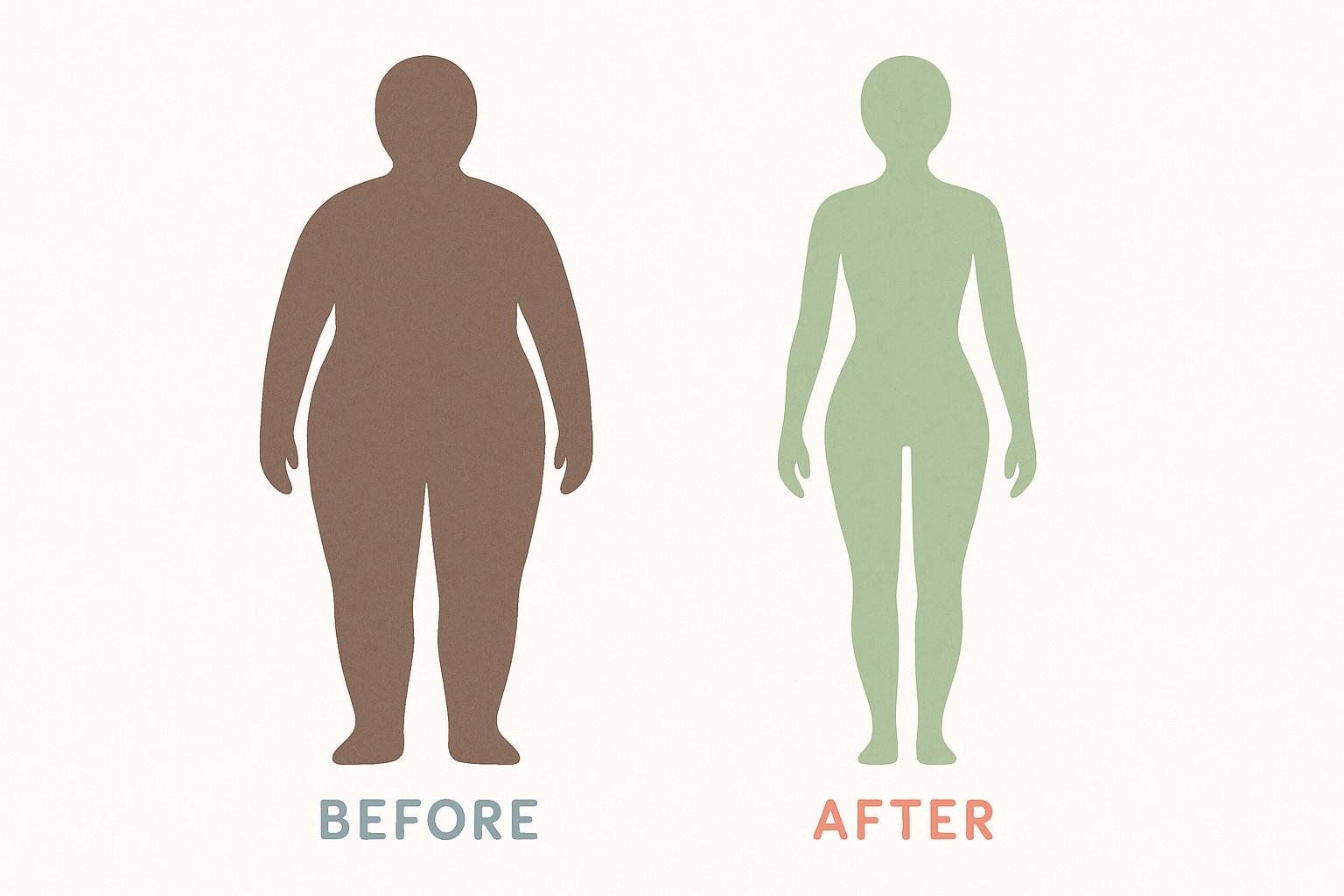 Two stylized silhouettes illustrating weight loss from intermittent fasting, with a larger, brown figure labeled 'Before' and a smaller, green figure labeled 'After'.