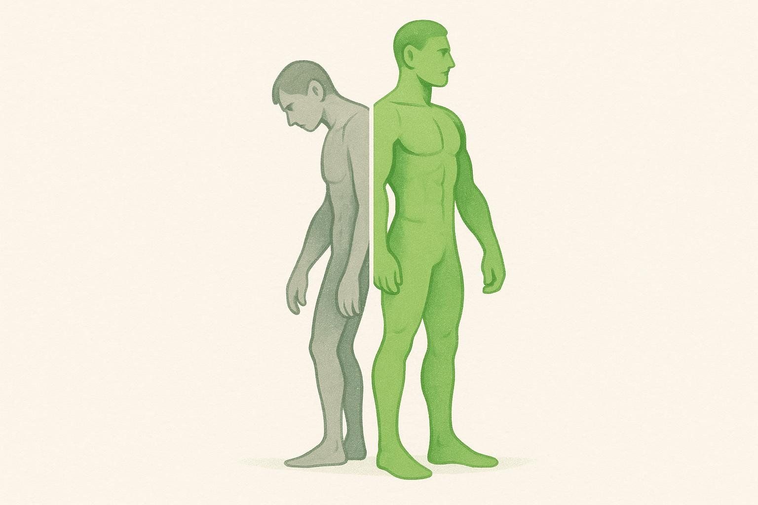 An illustration comparing a balanced, upright human physique (green) with an imbalanced, slouched one (grey), highlighting the importance of training all muscle groups for good posture and health.