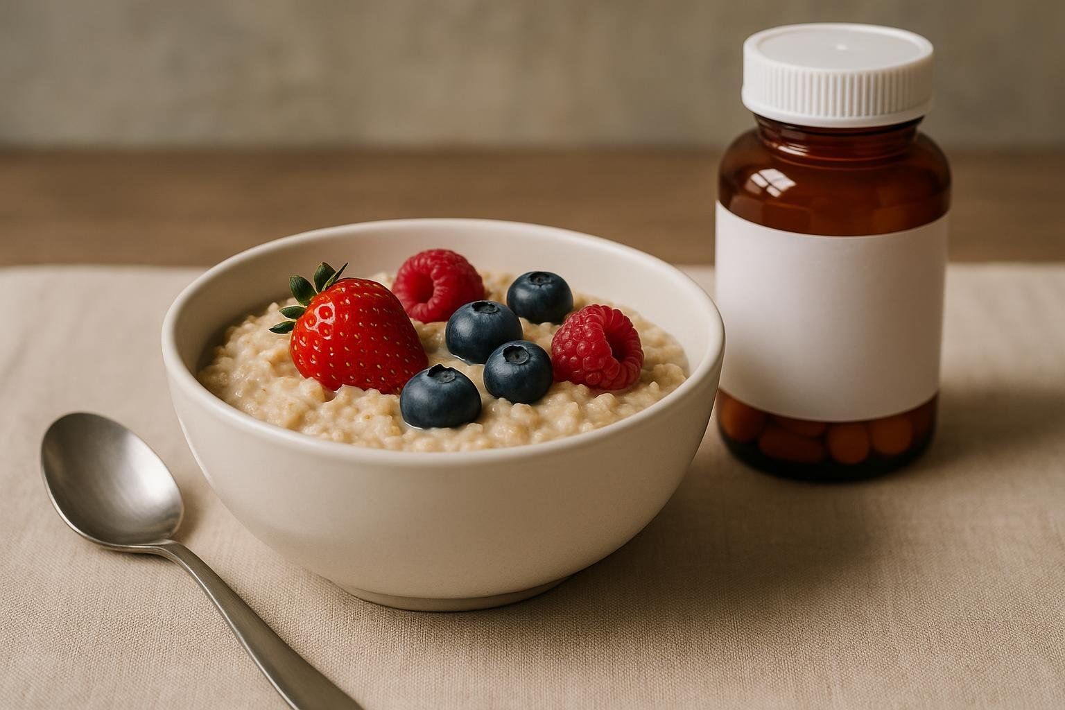 Healthy breakfast beside a medication bottle