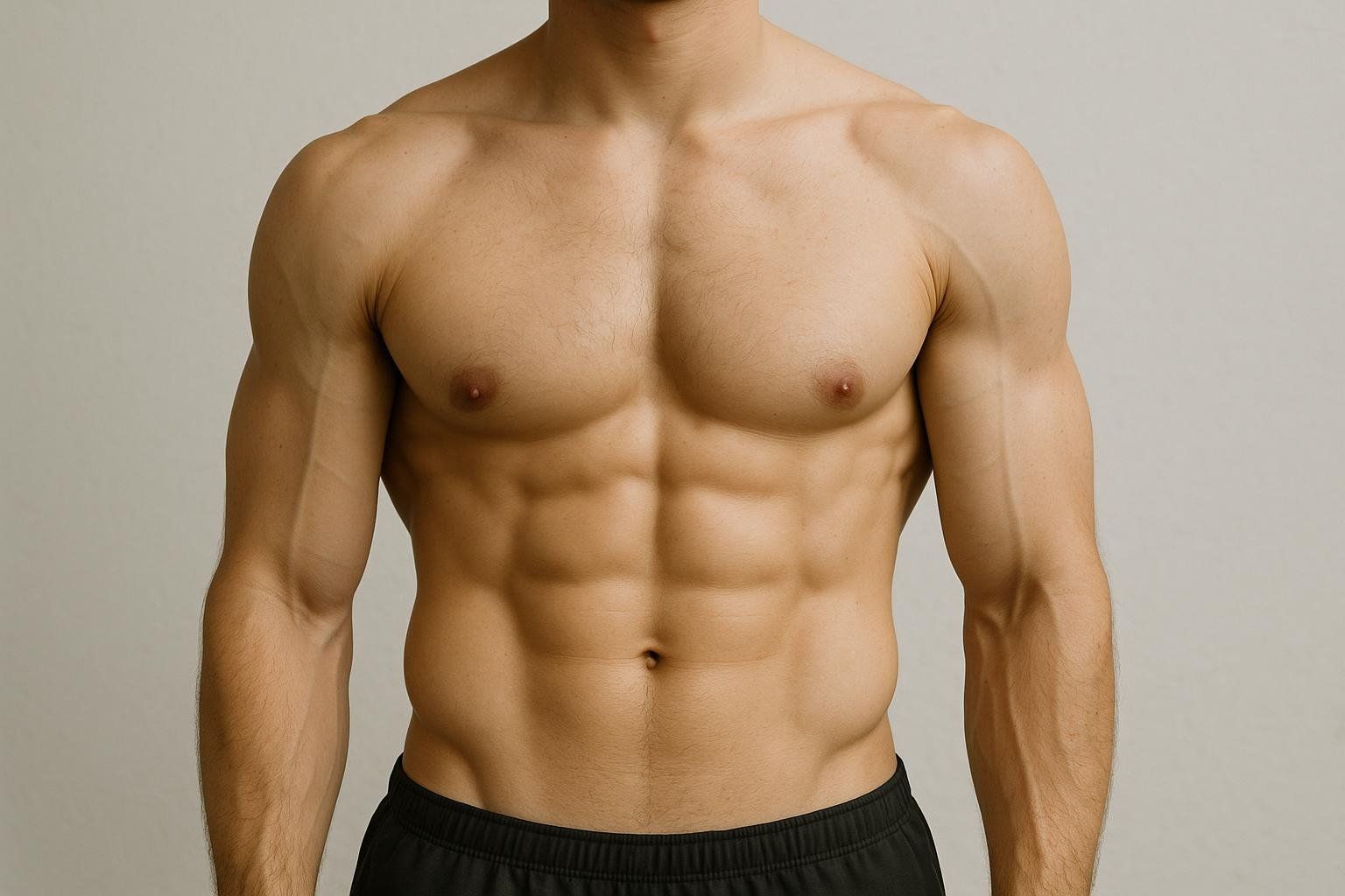 A clear visual example of a male physique at approximately 10 percent body fat, with visible abs and muscle definition.