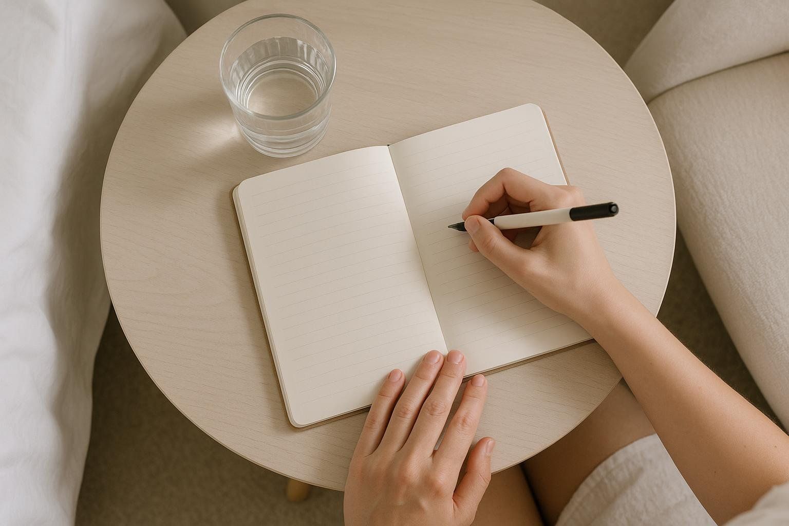 A top-down view of a person's hands writing in a lined notebook with a pen, placed on a light-colored round nightstand next to a glass of water.