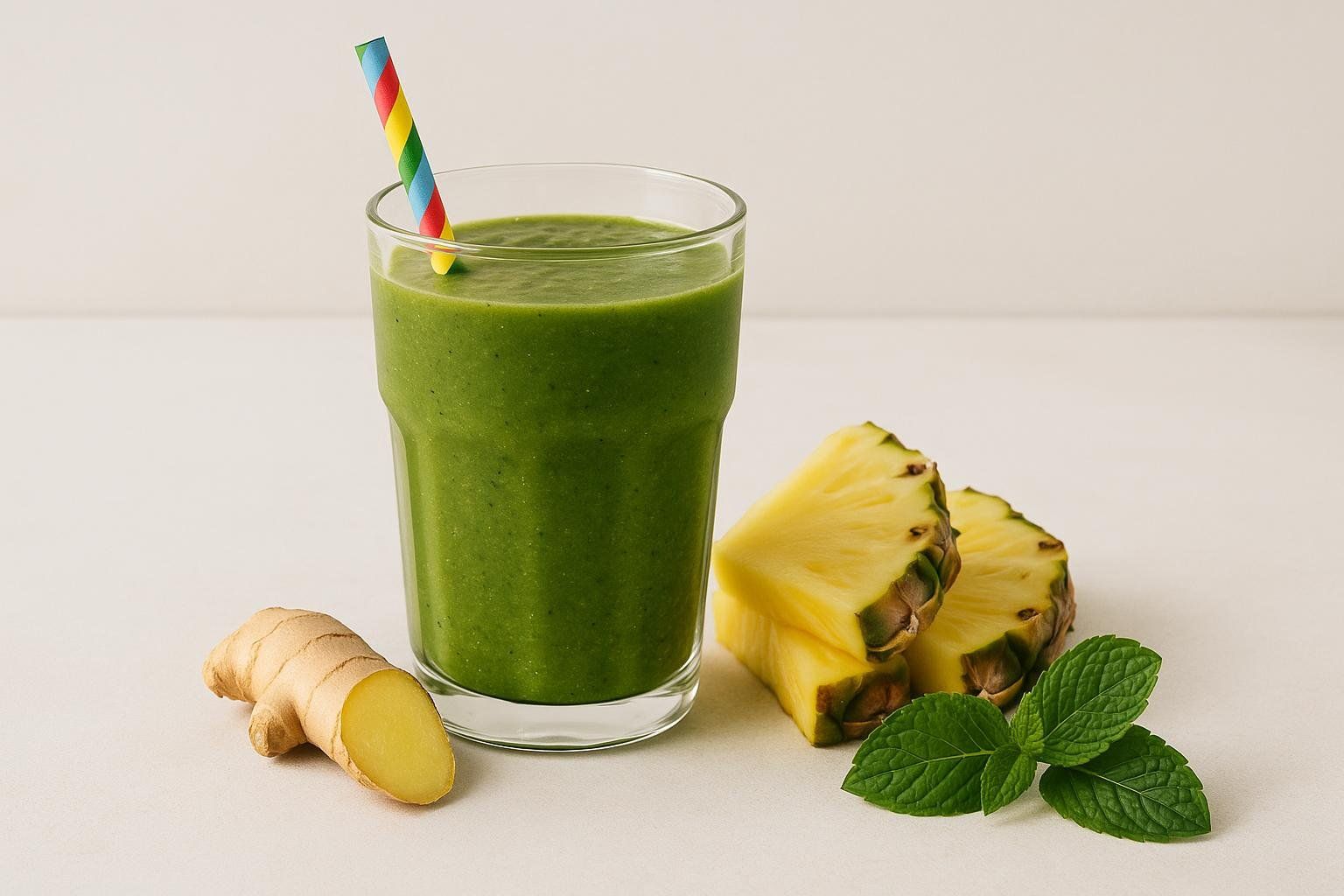 A glass of vibrant green smoothie with a colorful straw, surrounded by fresh ingredients including pineapple wedges, a piece of ginger root, and a sprig of mint leaves, all on a light background.