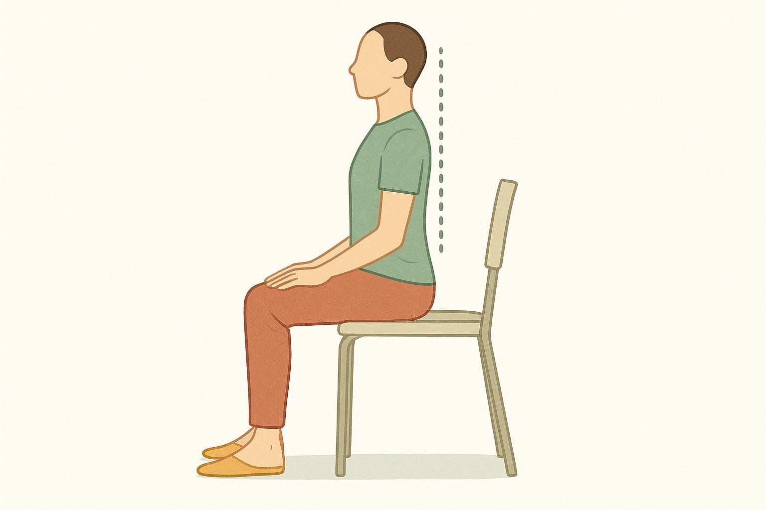 Illustration of a person in Seated Mountain pose, sitting tall in a chair to reset posture with a dotted line indicating a straight spine.