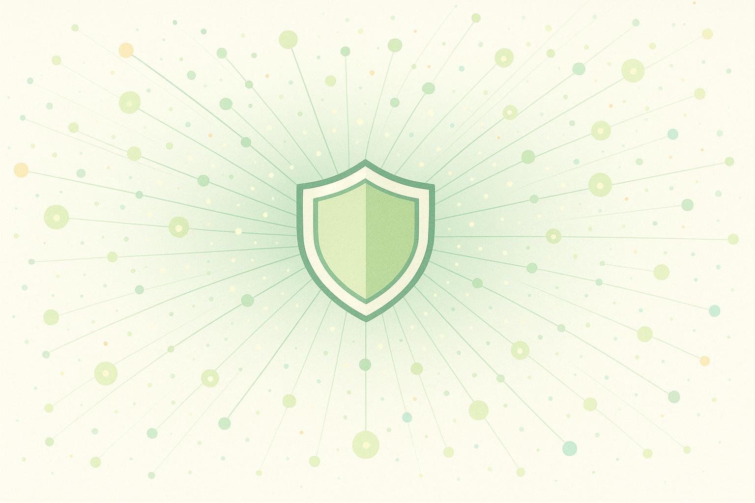 An abstract illustration depicting a central green shield radiating lines towards numerous small, colorful data points, symbolizing a secure and connected network. The background is a light greenish-white with a subtle textured effect.