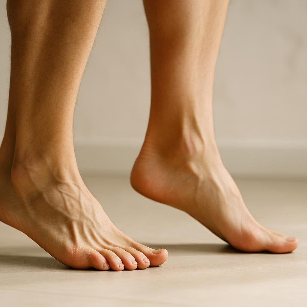 Close-up of human feet performing a heel walk on a light-colored floor, with the toes lifted off the ground to strengthen the shin muscles.