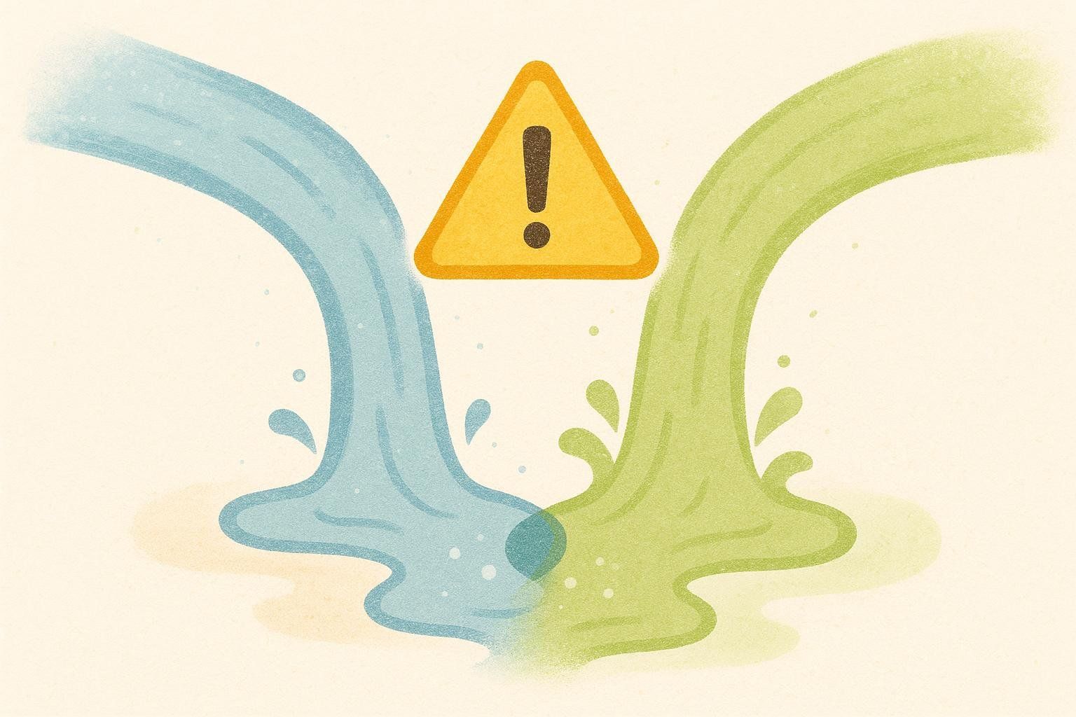 Illustration of two colored streams, one blue and one green, merging together. A yellow warning triangle with an exclamation mark is placed at their intersection, symbolizing potential drug-supplement interactions.