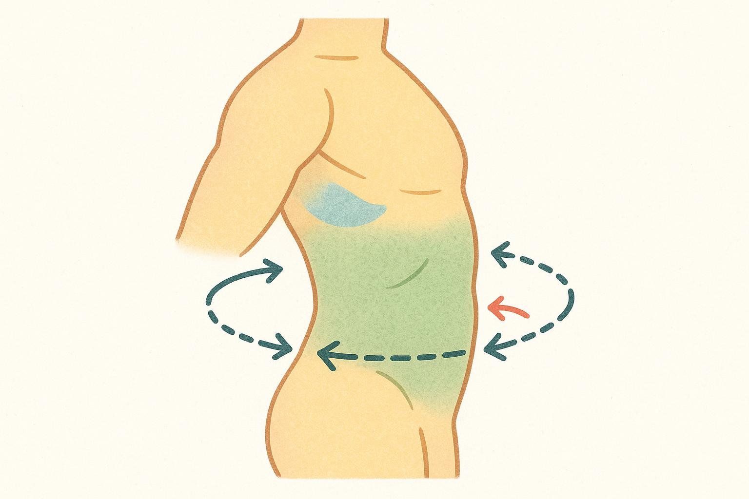 An illustration showing a human torso from the side, with green shading around the core, and blue shading near the ribs. Dashed arrows indicate a 360-degree breathing pattern around the core for proper bracing technique, with a red arrow showing inward movement.