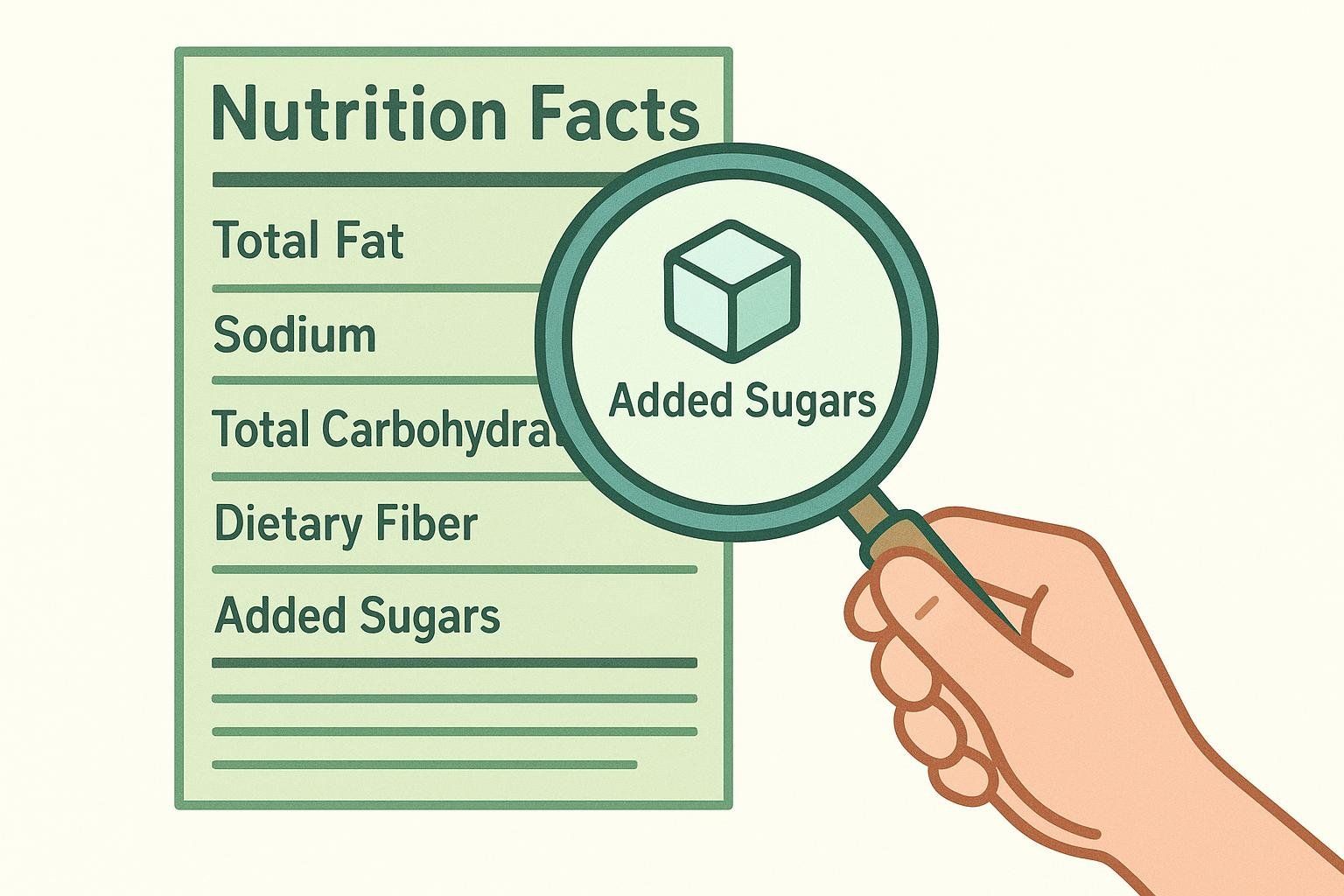 An illustration of a magnifying glass highlighting the added sugar content on a generic supplement label.
