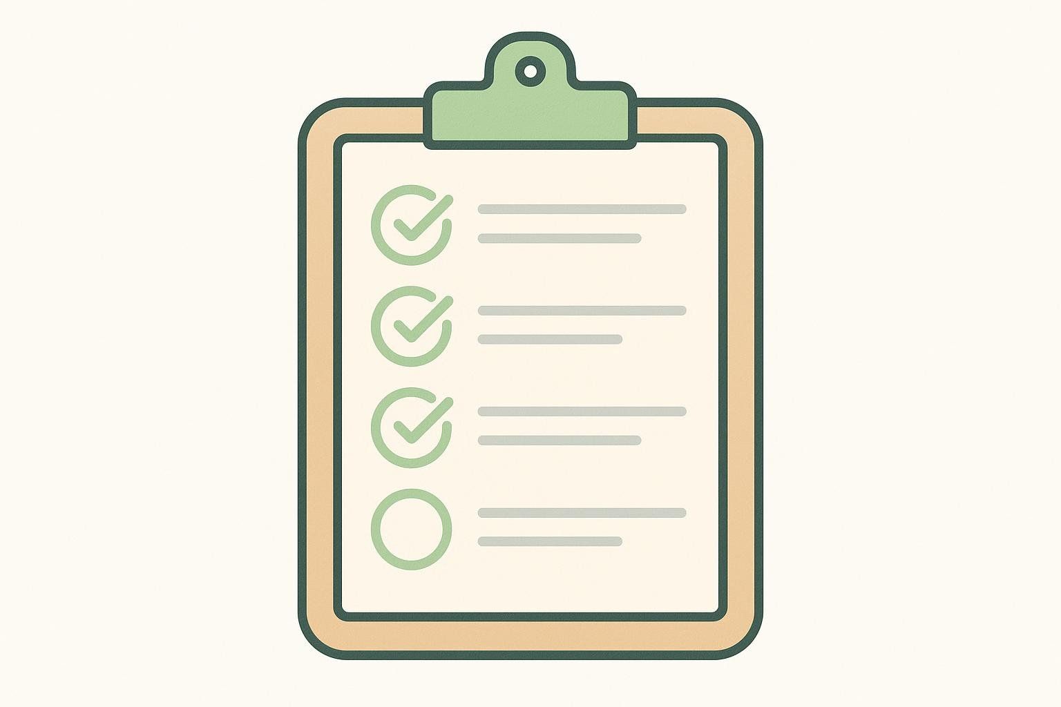 An illustration of a clipboard with a checklist. Three tasks have green checkmarks, and one task is an empty green circle, suggesting progress or a to-do list.