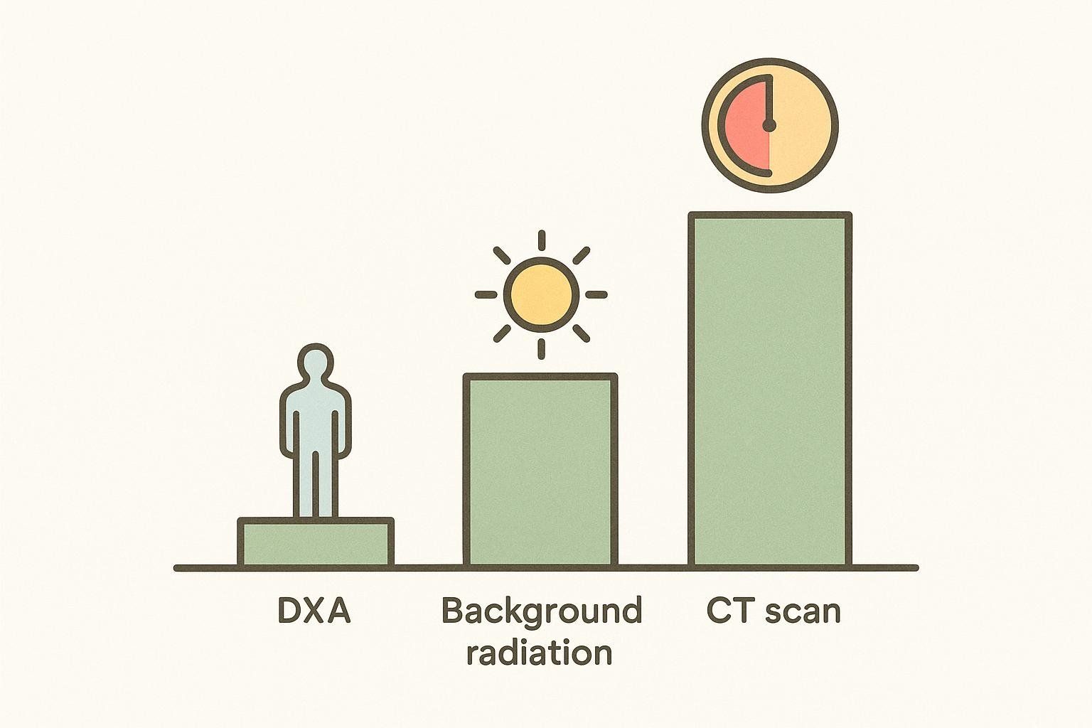 A bar chart comparing radiation doses. The first bar for DXA shows a small figure on a short bar. The second bar for background radiation is taller with a sun icon. The third bar for CT scan is the tallest with a clock icon, indicating the highest dose.