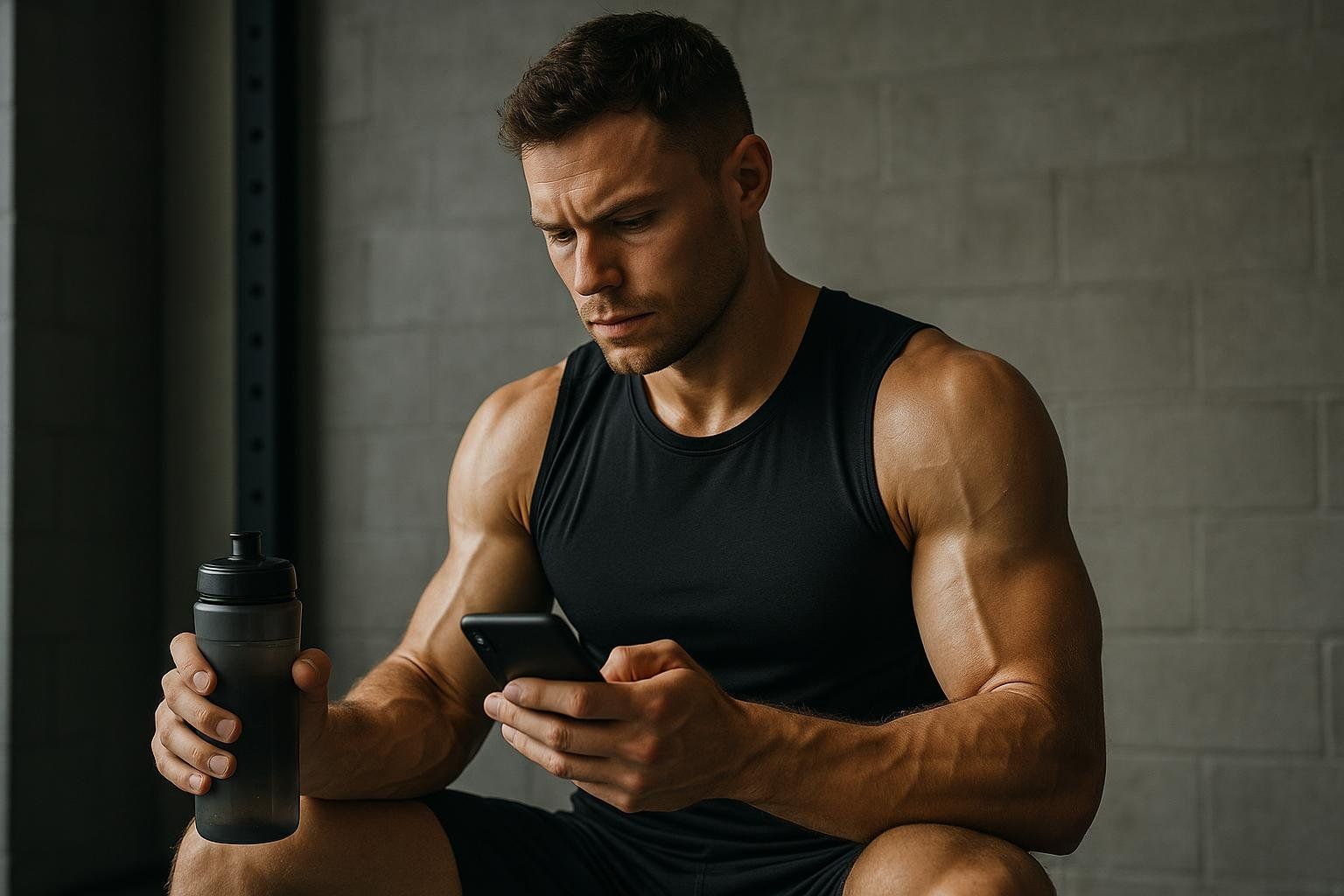A focused male athlete in a black tank top reviews data on his phone while holding a water bottle in a gym, with a brick wall in the background.