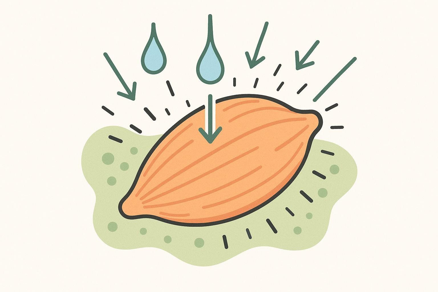 An illustration depicting a muscle cell, shaped like an orange bean, surrounded by a light green, fluid-like substance. Water droplets and arrows are shown pointing towards the muscle cell, illustrating the absorption of fluid and swelling, representing the muscle pump.