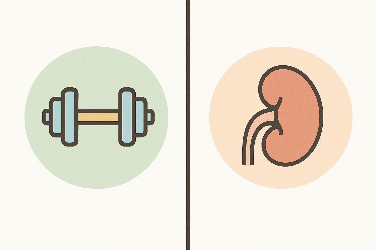 An image visually separating two concepts: a stylized dumbbell icon representing creatine and a stylized kidney icon representing creatinine. The dumbbell is on a light green circle, and the kidney is on a light orange circle, both against a light background.