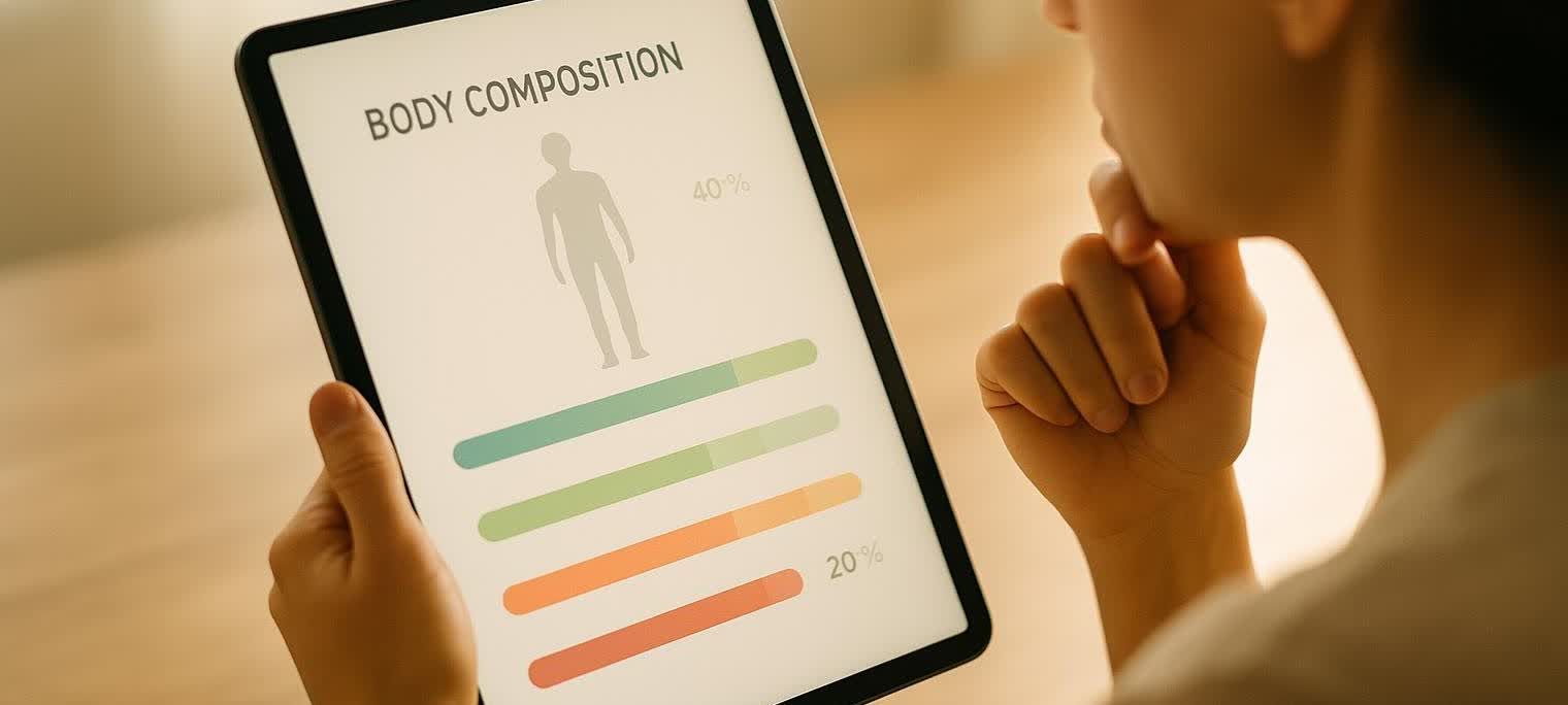 A person reviews a simplified abstract body composition report displayed on a tablet. The report shows a silhouette image, percentages, and colored bars representing different body composition metrics like fat percentage, muscle mass, and water content.