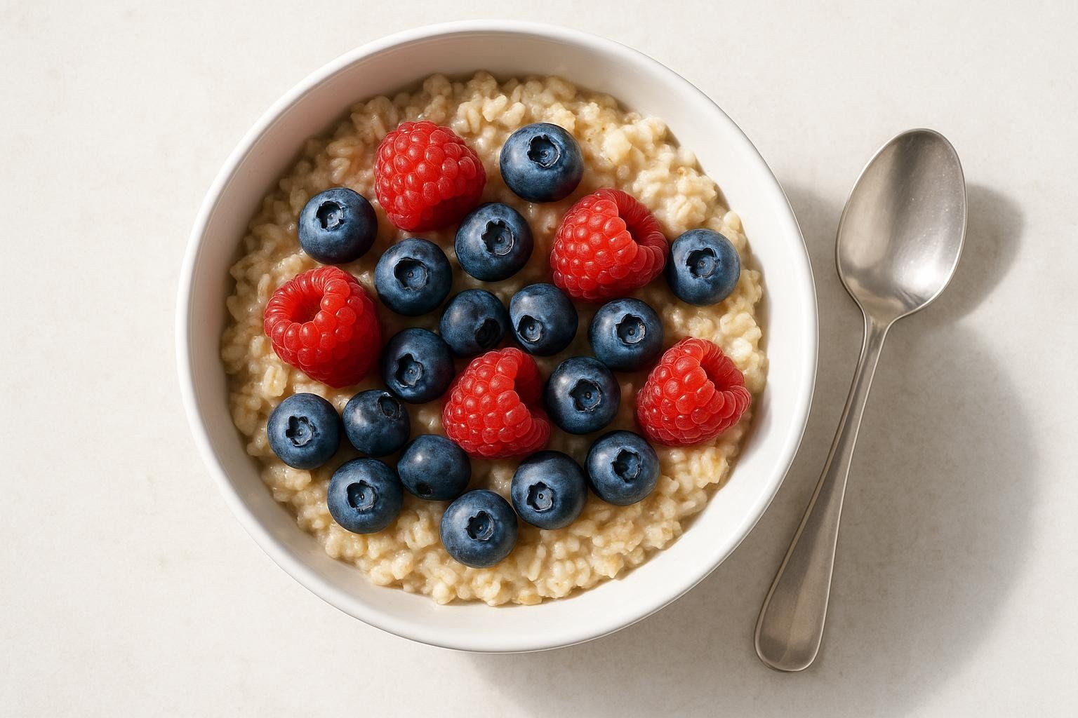 A white bowl filled with oatmeal, topped generously with fresh red raspberries and blue blueberries. A silver spoon rests beside the bowl on a light surface.